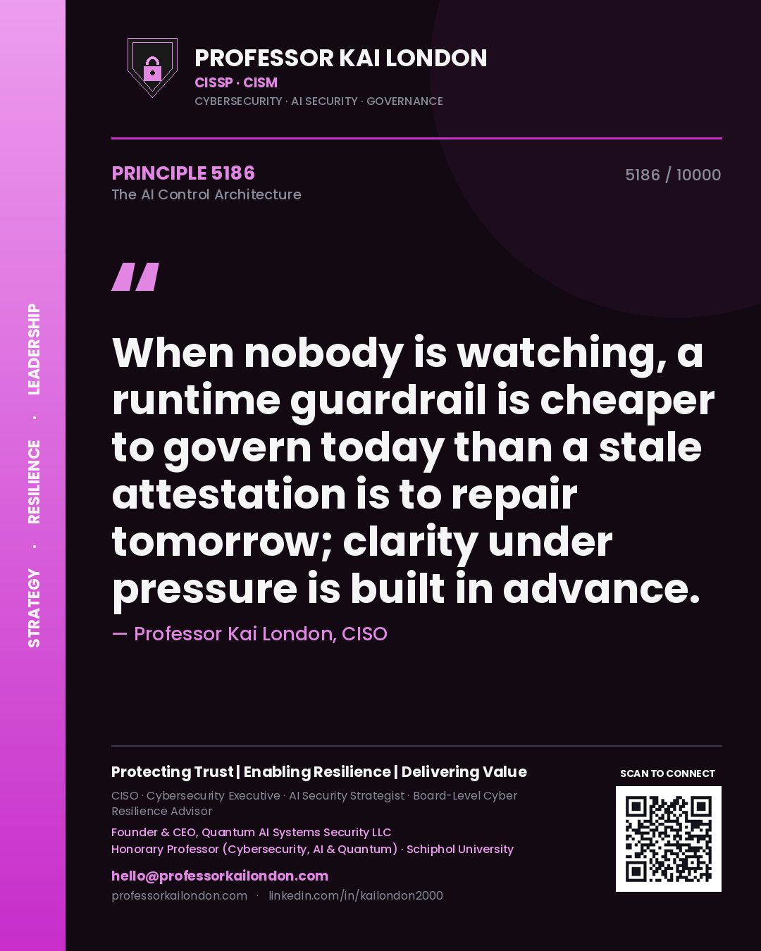 Quote card by Professor Kai London reading 'When nobody is watching, a runtime guardrail is cheaper to govern today than a stale attestation is to repair tomorrow; clarity under pressure is built in advance.'. From the book The AI Control Architecture.
