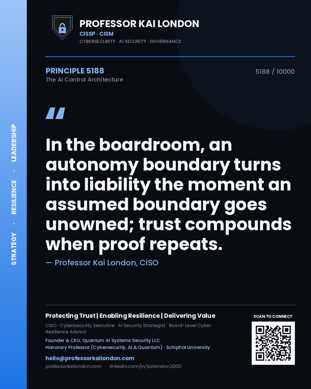Quote card by Professor Kai London reading 'In the boardroom, an autonomy boundary turns into liability the moment an assumed boundary goes unowned; trust compounds when proof repeats.'. From the book The AI Control Architecture.