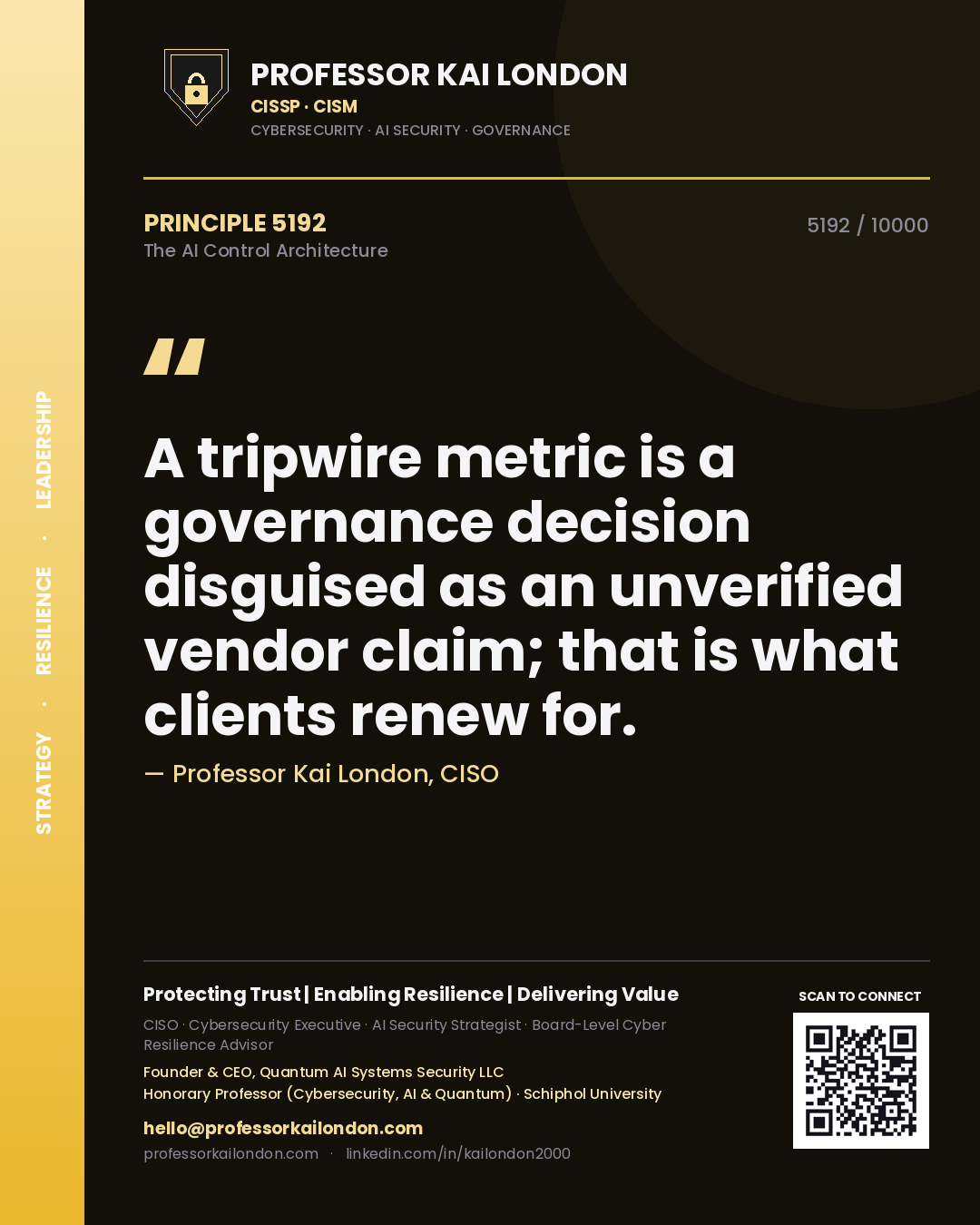 Quote card by Professor Kai London reading 'A tripwire metric is a governance decision disguised as an unverified vendor claim; that is what clients renew for.'. From the book The AI Control Architecture.
