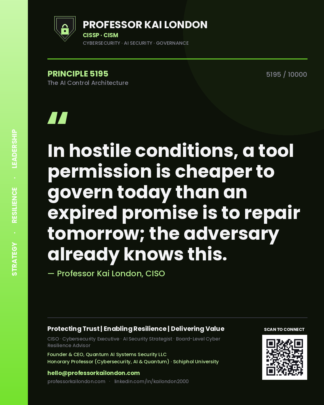 Professor Kai London principle 5195: In hostile conditions, a tool permission is cheaper to govern today than an expired promise is to repair tomorrow; the adversary already knows this.