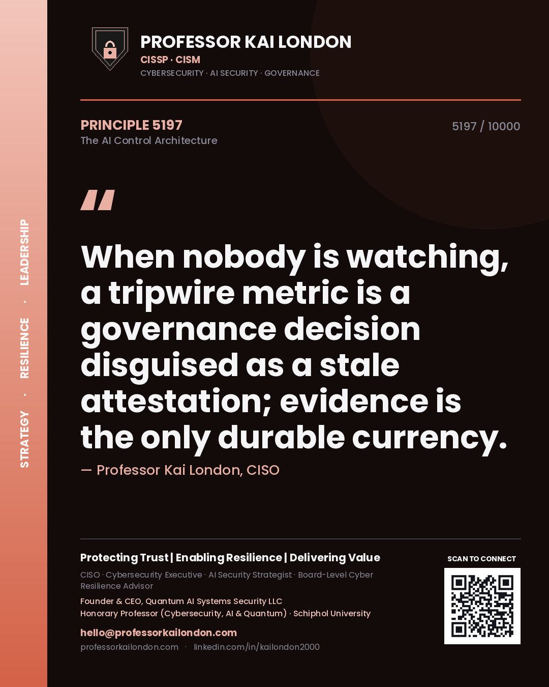 Professor Kai London principle 5197: When nobody is watching, a tripwire metric is a governance decision disguised as a stale attestation; evidence is the only durable currency.