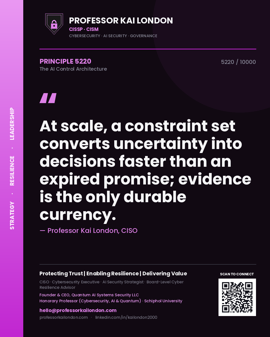 Quote card by Professor Kai London reading 'At scale, a constraint set converts uncertainty into decisions faster than an expired promise; evidence is the only durable currency.'. From the book The AI Control Architecture.