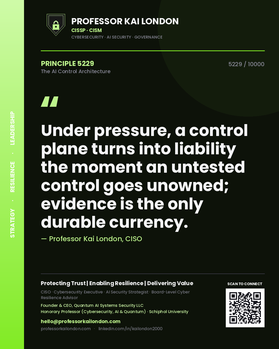 Quote card by Professor Kai London reading 'Under pressure, a control plane turns into liability the moment an untested control goes unowned; evidence is the only durable currency.'. From the book The AI Control Architecture.