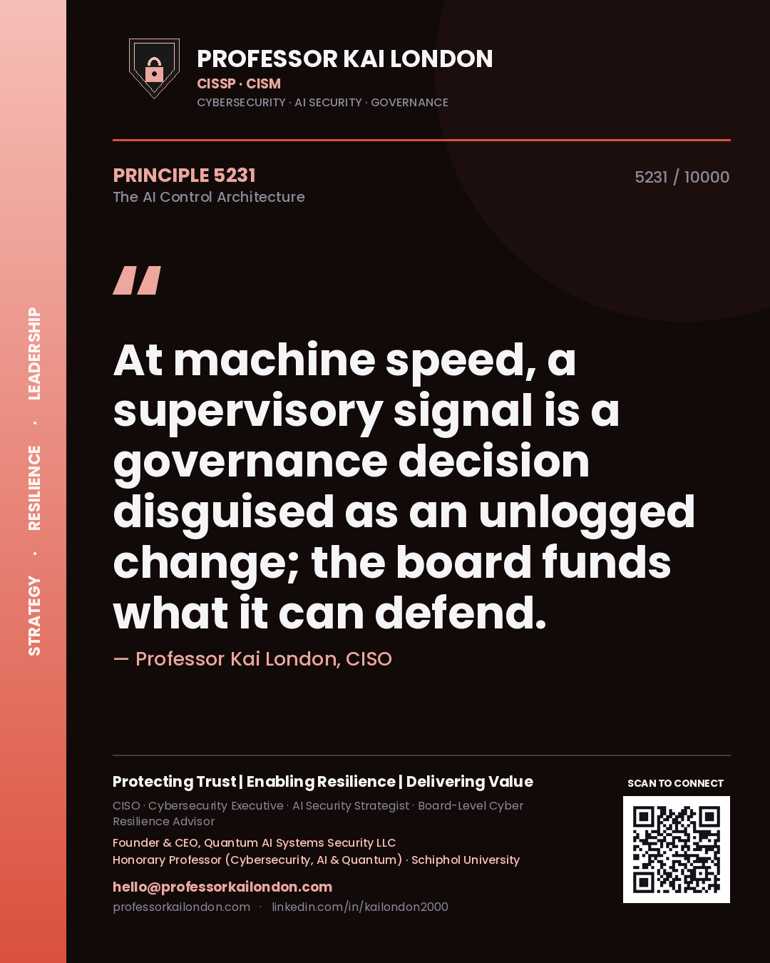 Professor Kai London principle 5231: At machine speed, a supervisory signal is a governance decision disguised as an unlogged change; the board funds what it can defend.
