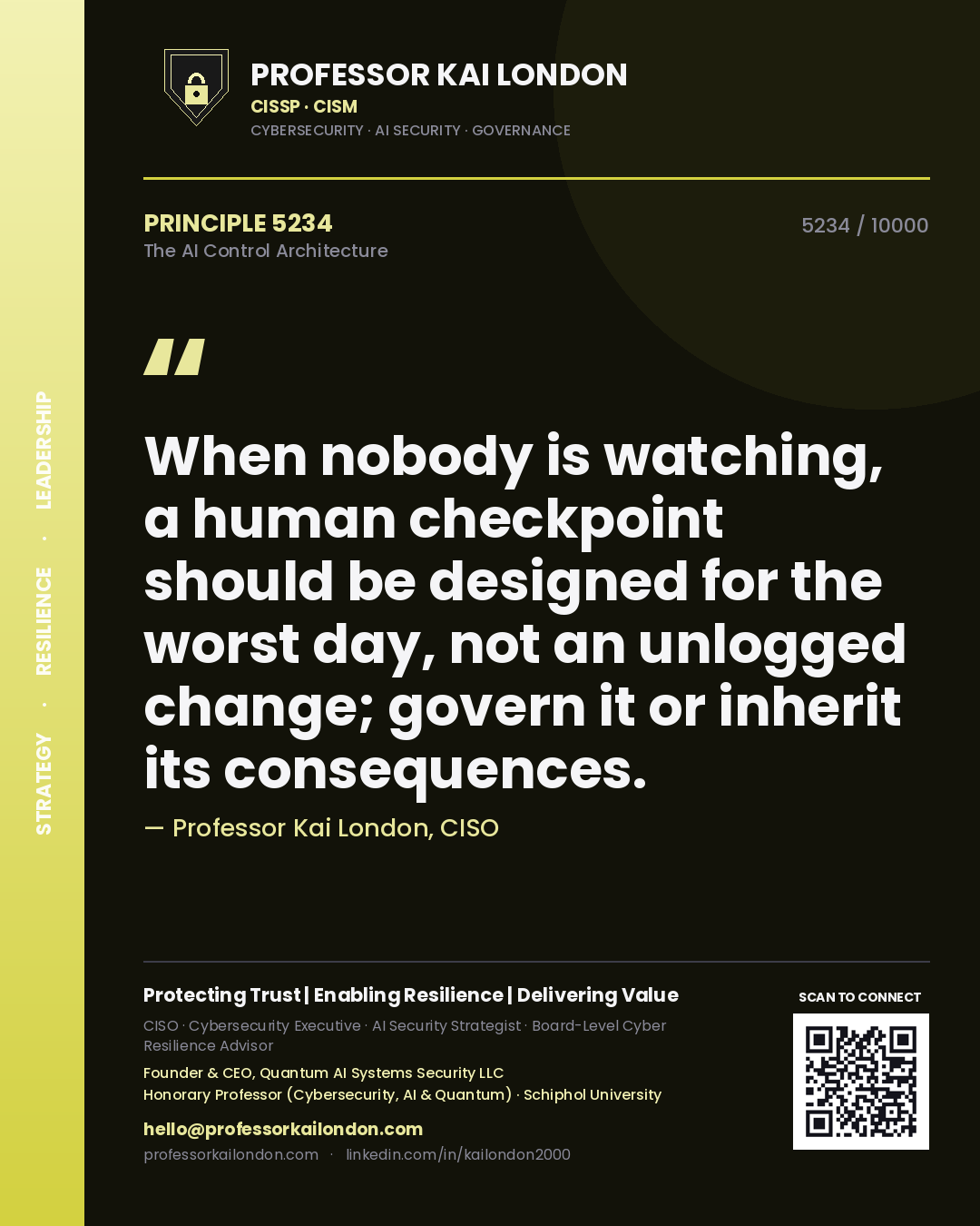 Professor Kai London principle 5234: When nobody is watching, a human checkpoint should be designed for the worst day, not an unlogged change; govern it or inherit its consequences.