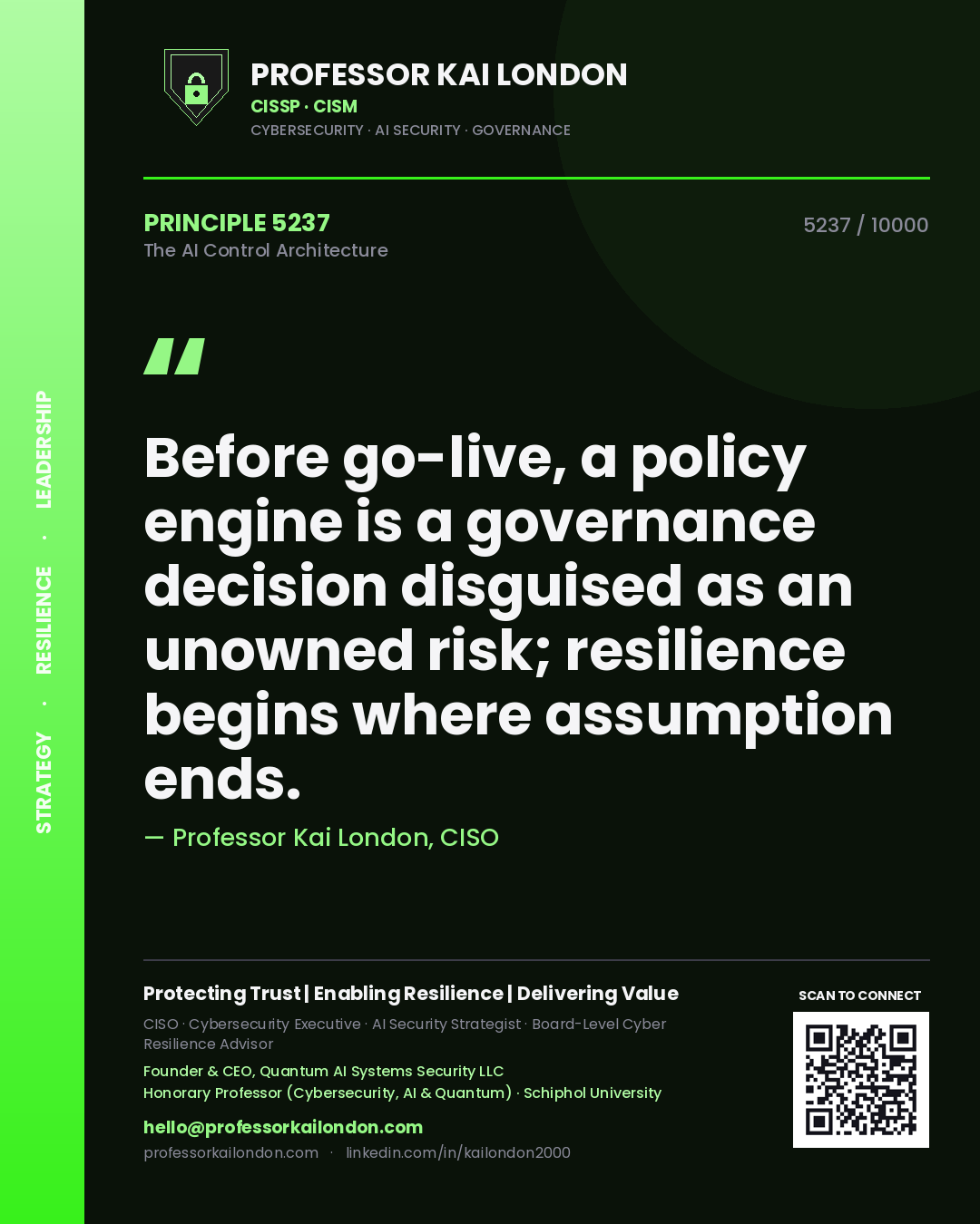 Quote card by Professor Kai London reading 'Before go-live, a policy engine is a governance decision disguised as an unowned risk; resilience begins where assumption ends.'. From the book The AI Control Architecture.