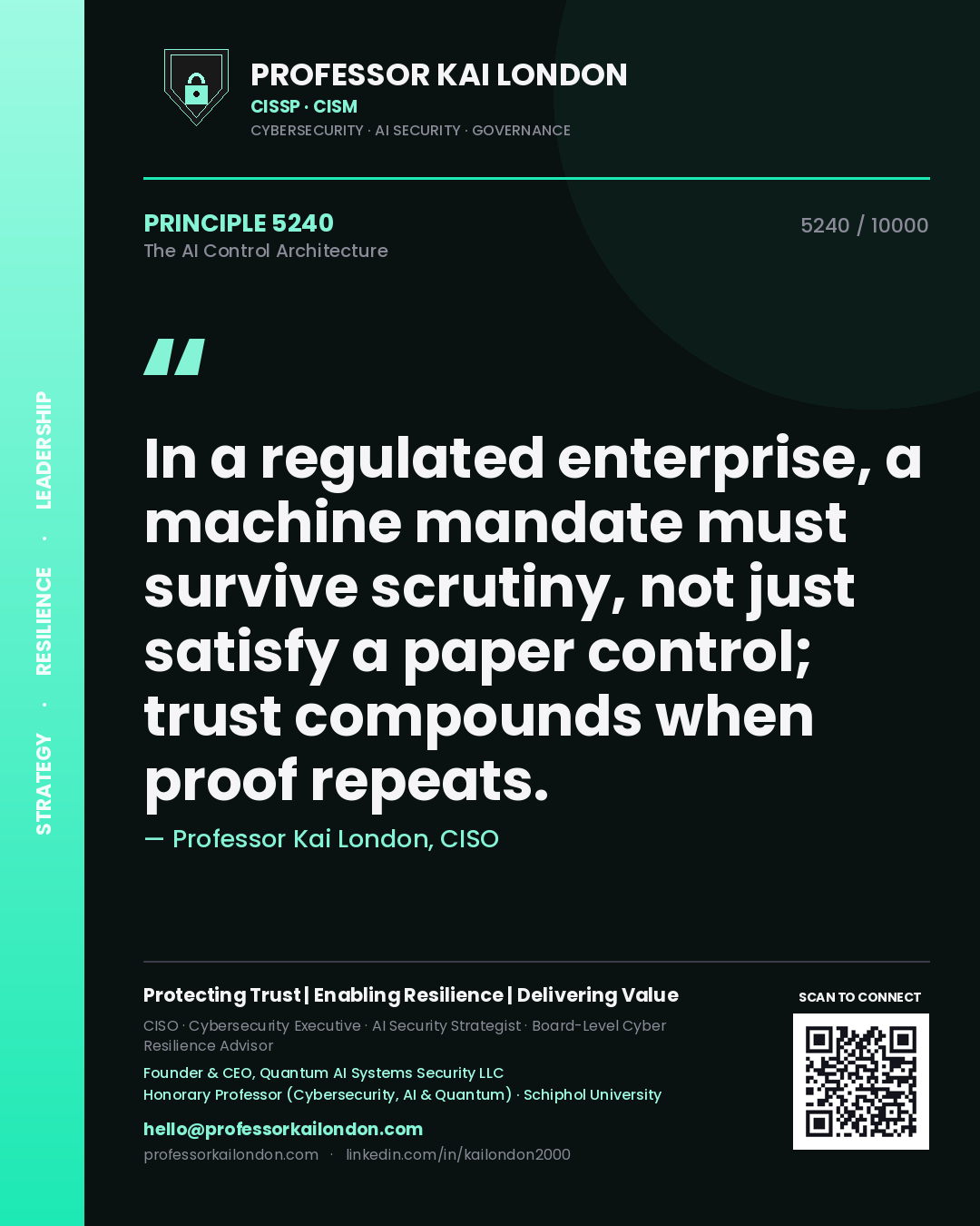 Quote card by Professor Kai London reading 'In a regulated enterprise, a machine mandate must survive scrutiny, not just satisfy a paper control; trust compounds when proof repeats.'. From the book The AI Control Architecture.