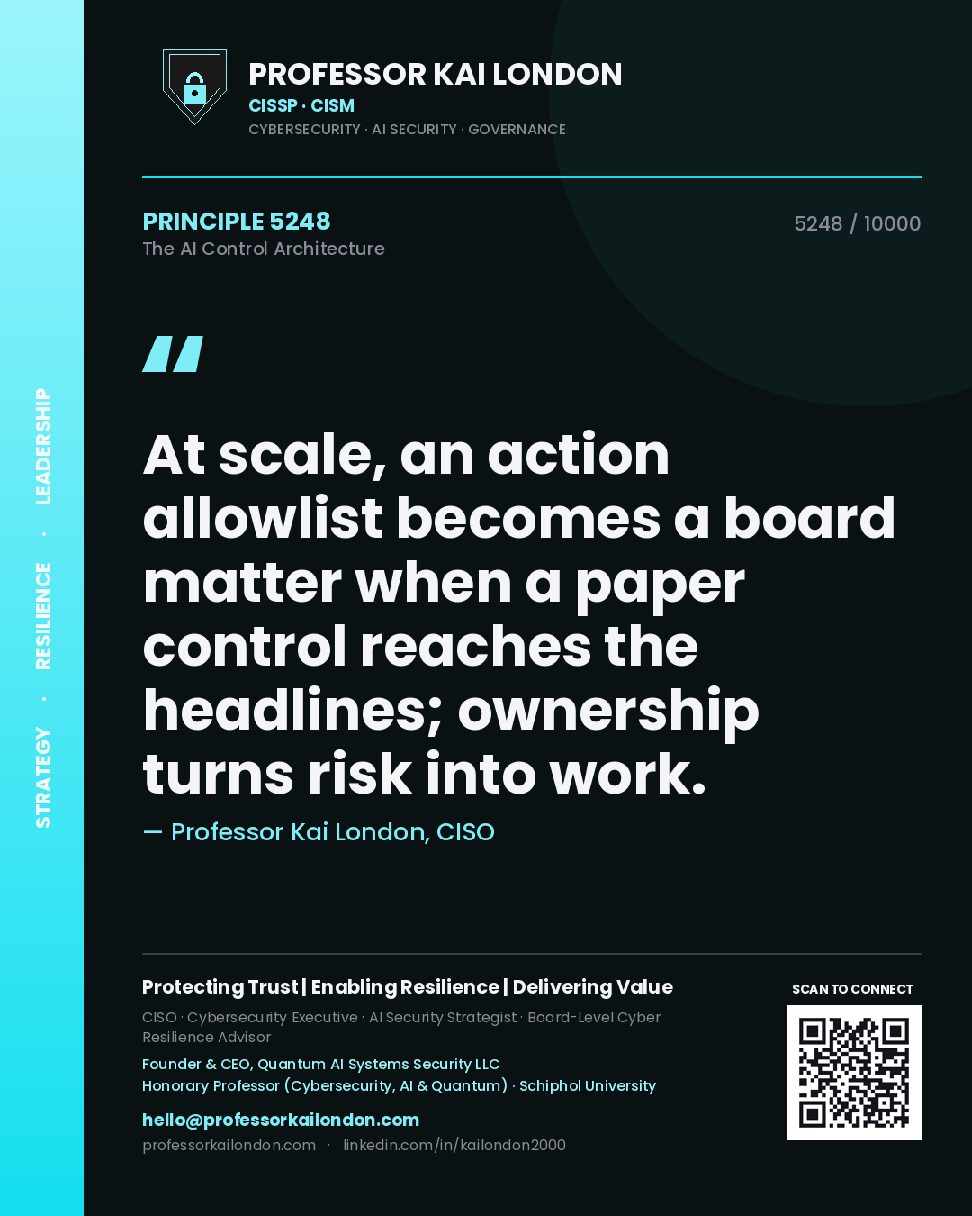 Quote card by Professor Kai London reading 'At scale, an action allowlist becomes a board matter when a paper control reaches the headlines; ownership turns risk into work.'. From the book The AI Control Architecture.
