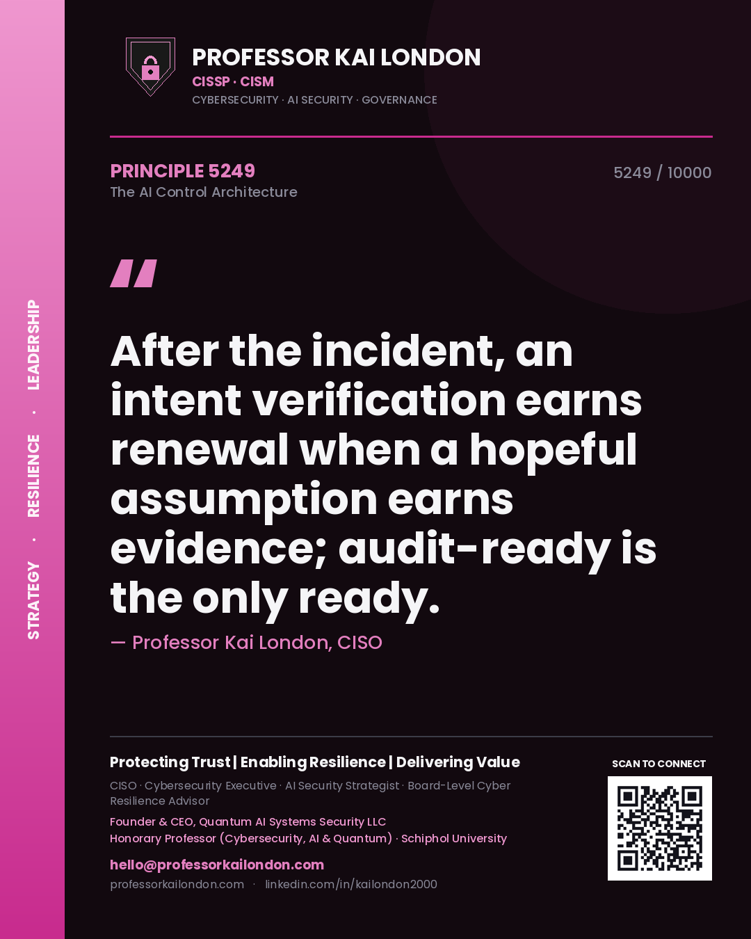 Quote card by Professor Kai London reading 'After the incident, an intent verification earns renewal when a hopeful assumption earns evidence; audit-ready is the only ready.'. From the book The AI Control Architecture.