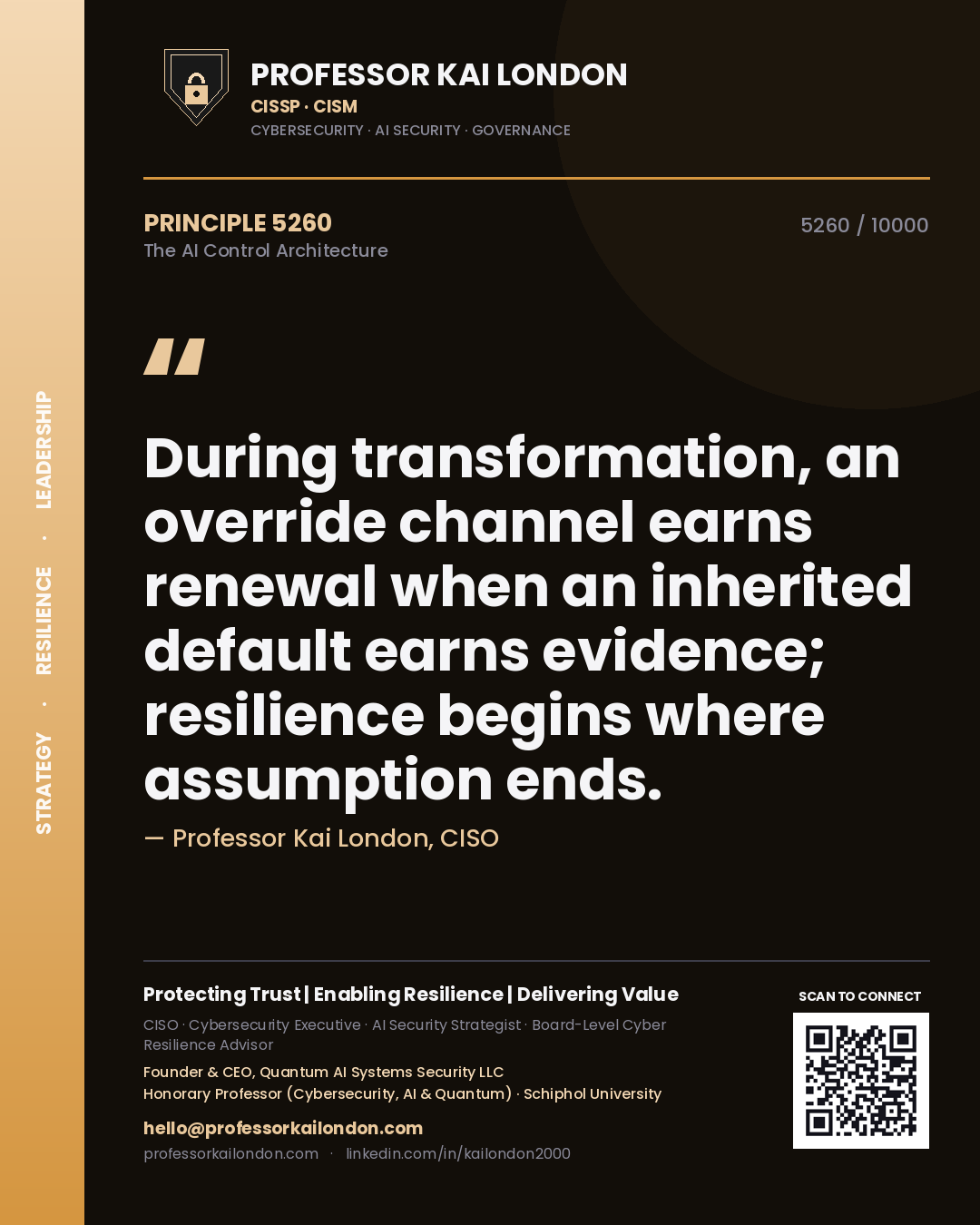 Quote card by Professor Kai London reading 'During transformation, an override channel earns renewal when an inherited default earns evidence; resilience begins where assumption ends.'. From the book The AI Control Architecture.