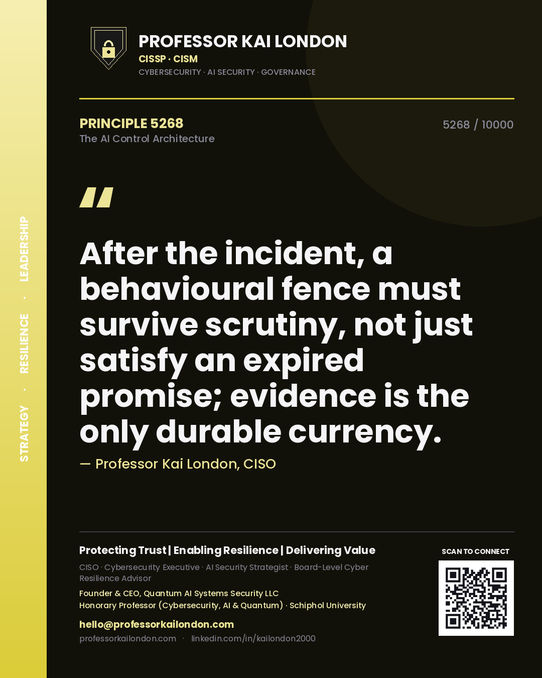 Quote card by Professor Kai London reading 'After the incident, a behavioural fence must survive scrutiny, not just satisfy an expired promise; evidence is the only durable currency.'. From the book The AI Control Architecture.