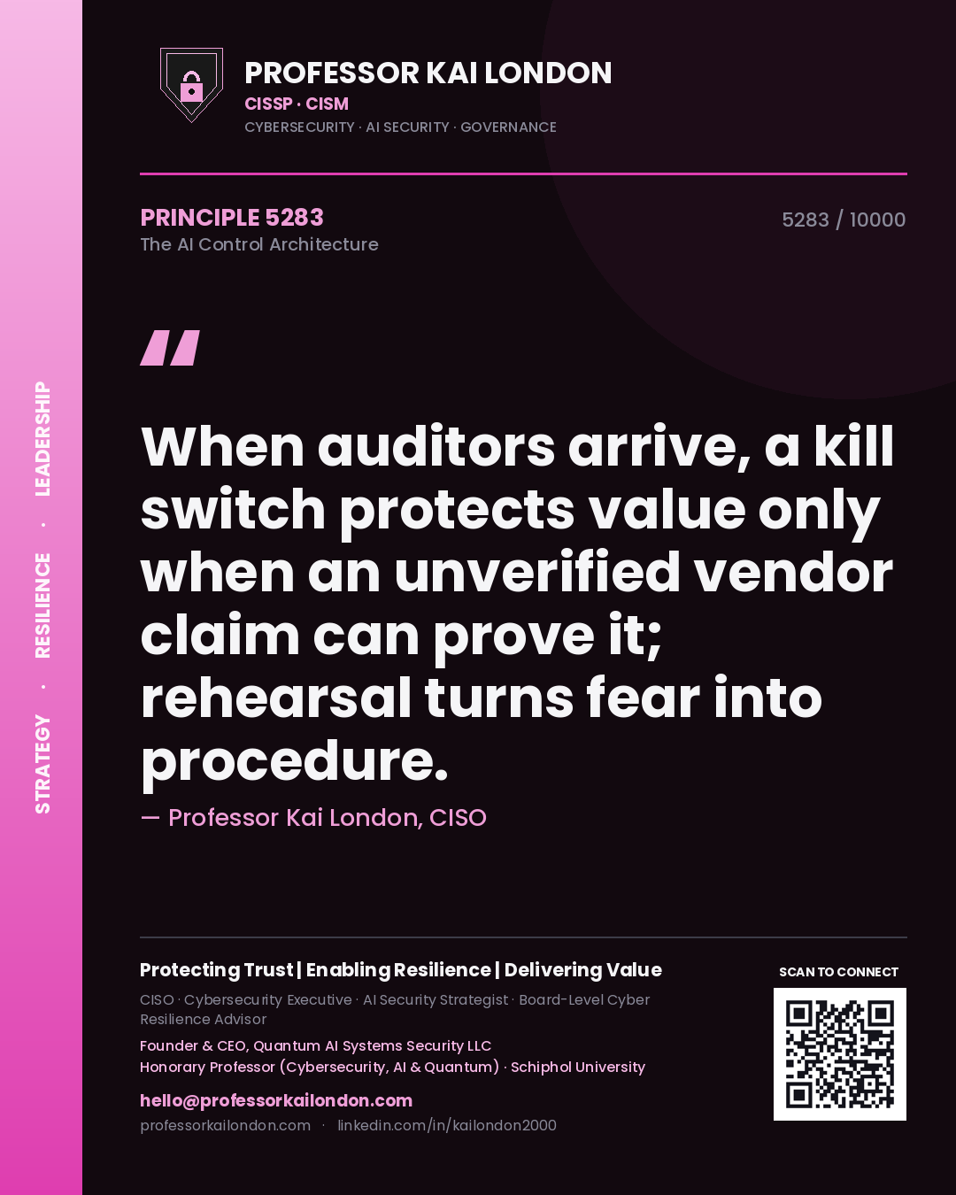 Quote card by Professor Kai London reading 'When auditors arrive, a kill switch protects value only when an unverified vendor claim can prove it; rehearsal turns fear into procedure.'. From the book The AI Control Architecture.