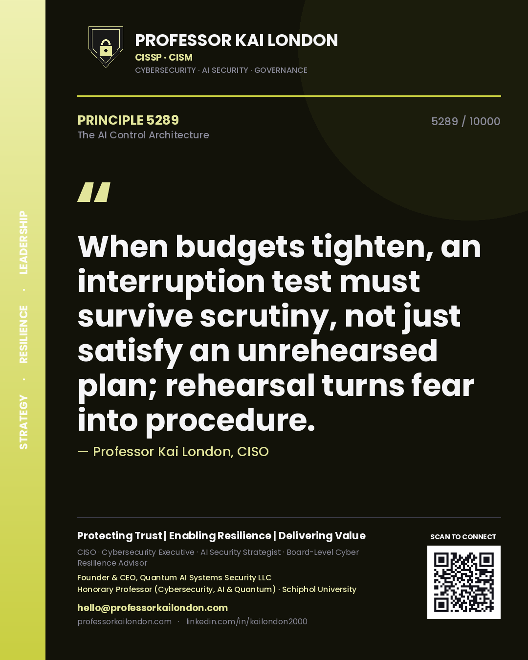 Professor Kai London principle 5289: When budgets tighten, an interruption test must survive scrutiny, not just satisfy an unrehearsed plan; rehearsal turns fear into procedure.