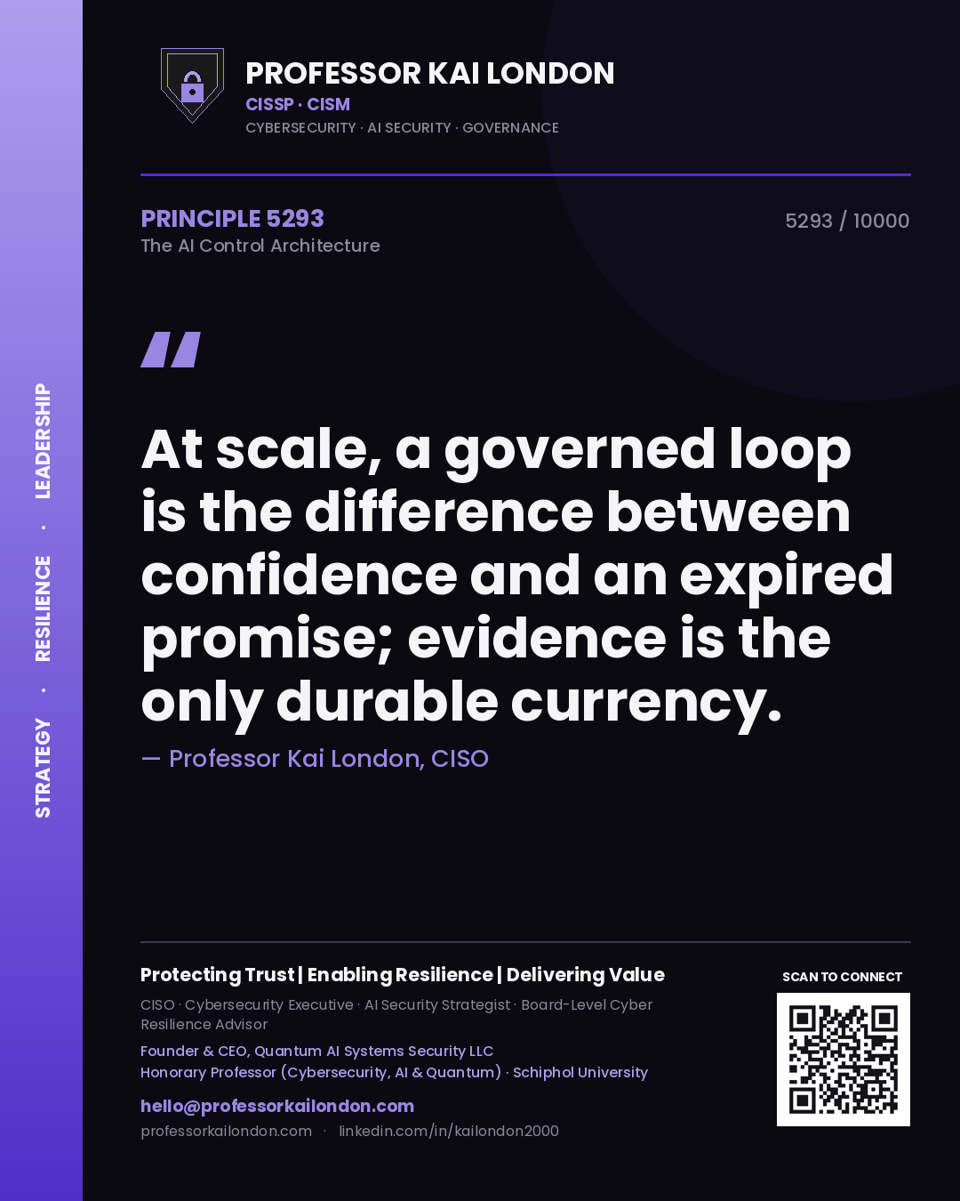 Quote card by Professor Kai London reading 'At scale, a governed loop is the difference between confidence and an expired promise; evidence is the only durable currency.'. From the book The AI Control Architecture.