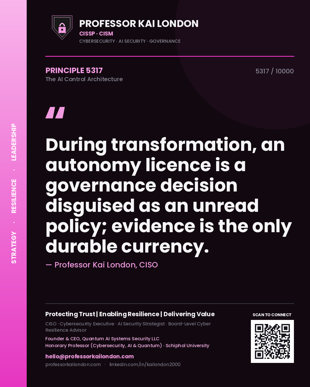 Quote card by Professor Kai London reading 'During transformation, an autonomy licence is a governance decision disguised as an unread policy; evidence is the only durable currency.'. From the book The AI Control Architecture.