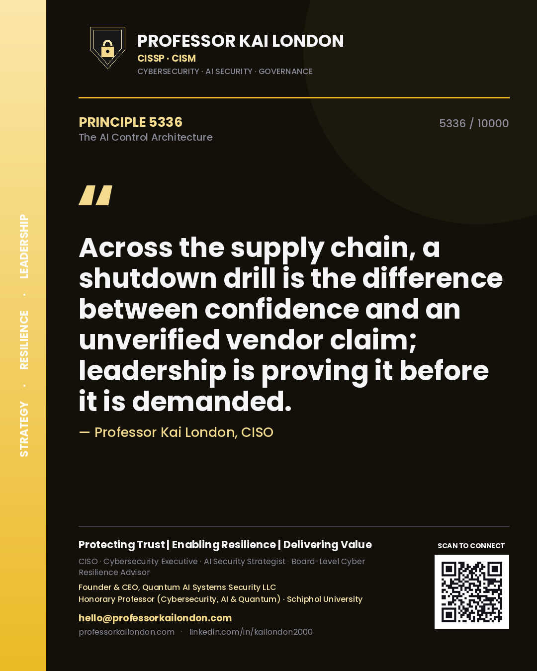Professor Kai London principle 5336: Across the supply chain, a shutdown drill is the difference between confidence and an unverified vendor claim; leadership is proving it before it is demanded.