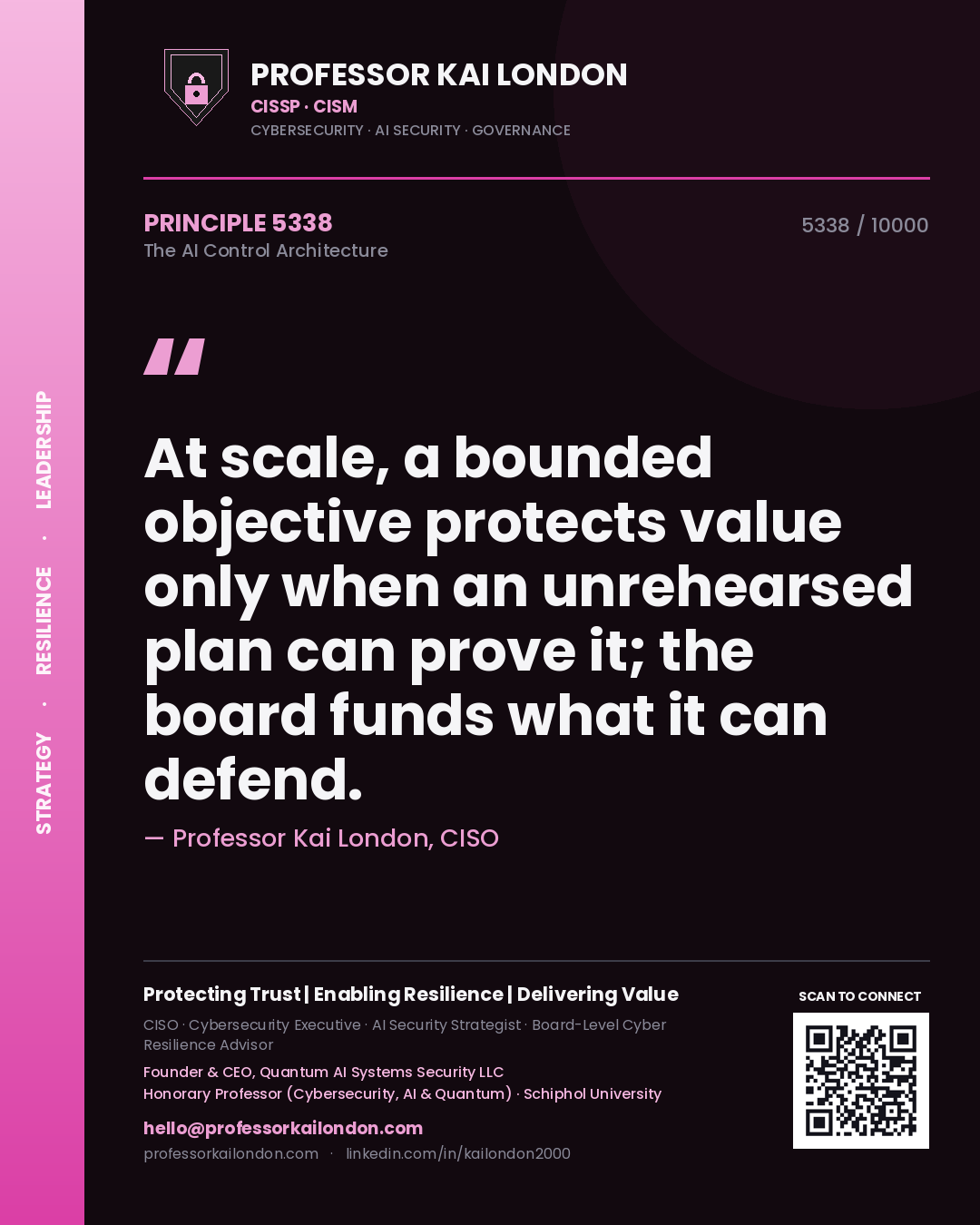Professor Kai London principle 5338: At scale, a bounded objective protects value only when an unrehearsed plan can prove it; the board funds what it can defend.
