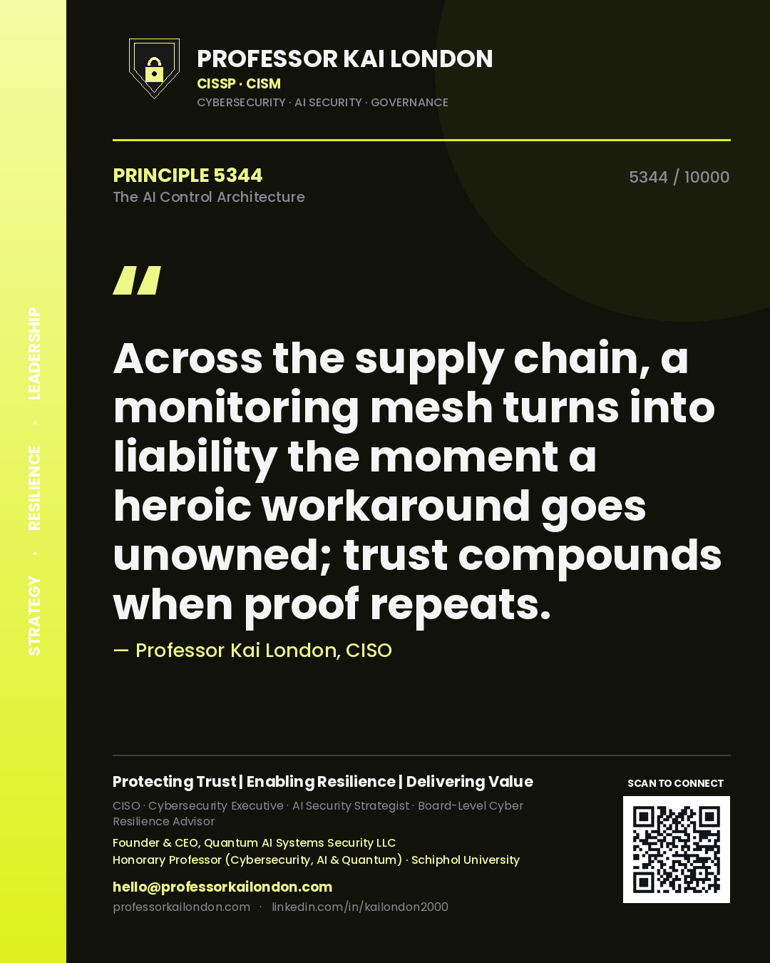 Professor Kai London principle 5344: Across the supply chain, a monitoring mesh turns into liability the moment a heroic workaround goes unowned; trust compounds when proof repeats.