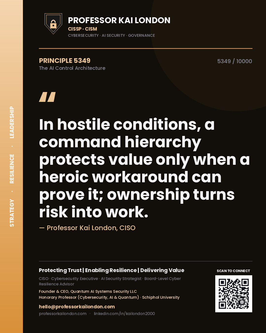 Professor Kai London principle 5349: In hostile conditions, a command hierarchy protects value only when a heroic workaround can prove it; ownership turns risk into work.