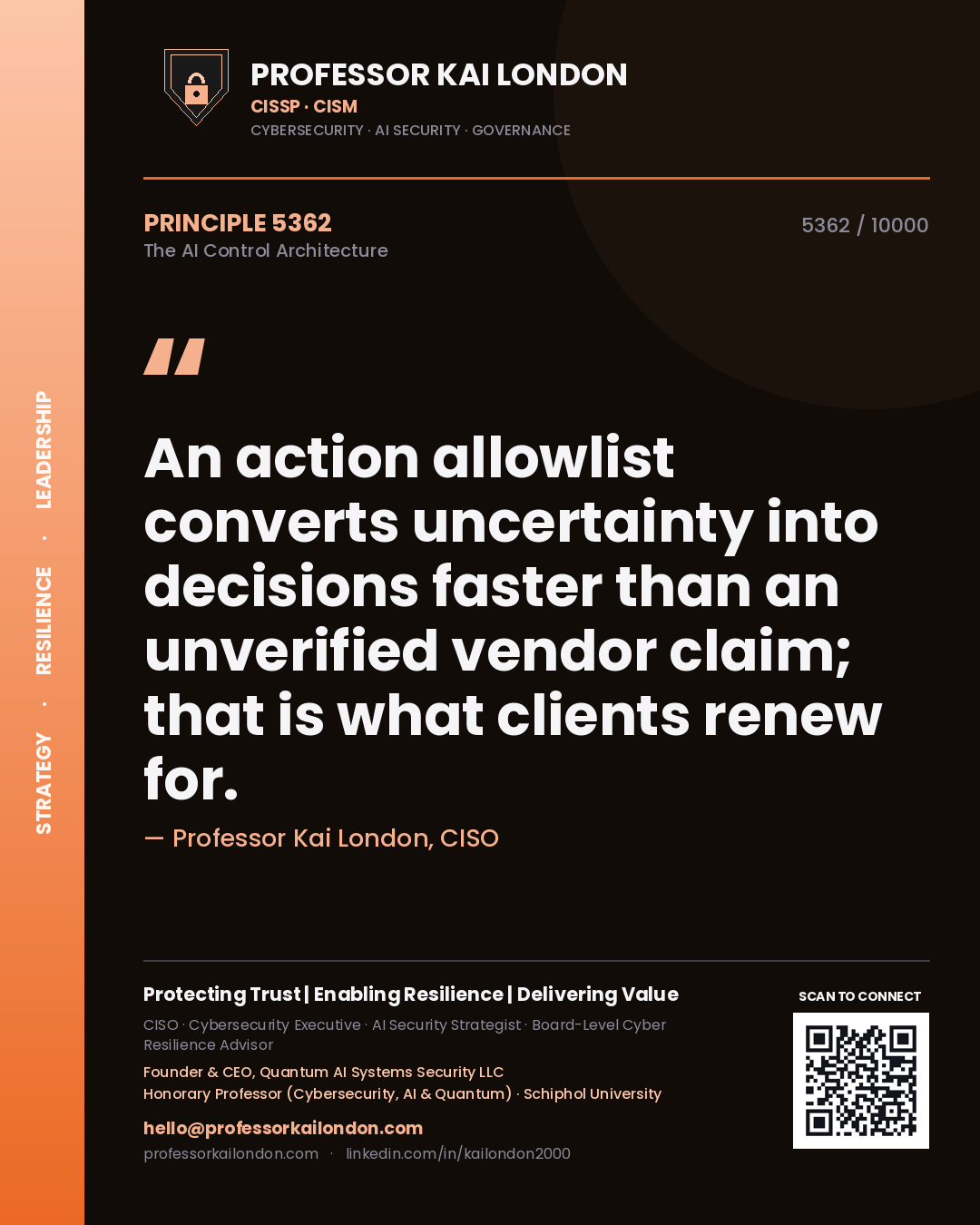 Professor Kai London principle 5362: An action allowlist converts uncertainty into decisions faster than an unverified vendor claim; that is what clients renew for.