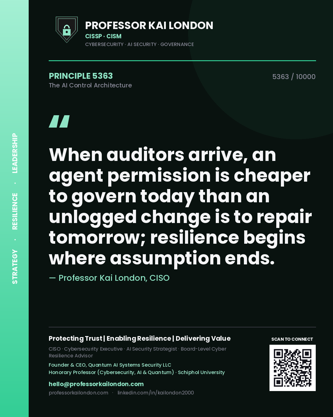 Quote card by Professor Kai London reading 'When auditors arrive, an agent permission is cheaper to govern today than an unlogged change is to repair tomorrow; resilience begins where assumption ends.'. From the book The AI Control Architecture.