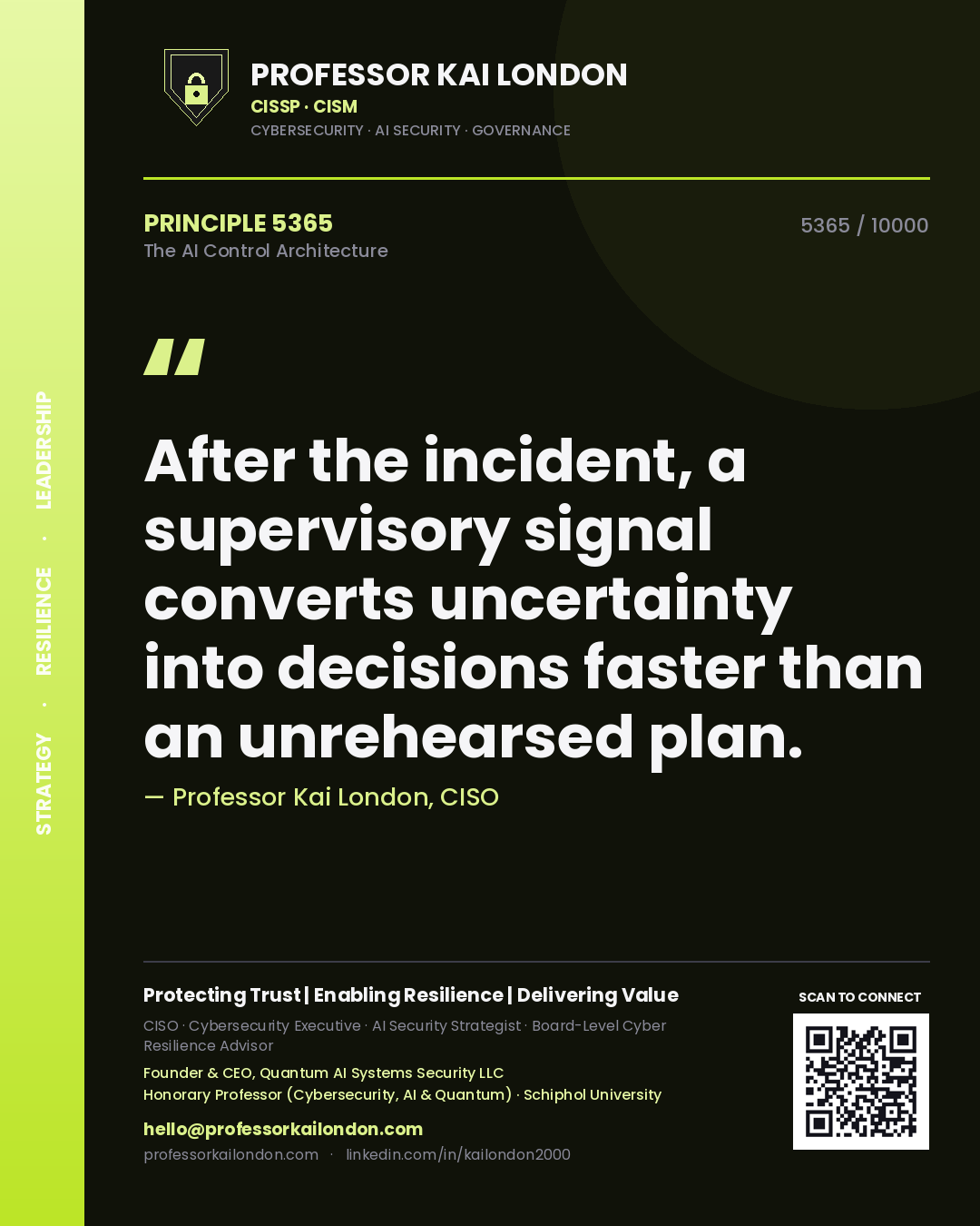 Quote card by Professor Kai London reading 'After the incident, a supervisory signal converts uncertainty into decisions faster than an unrehearsed plan.'. From the book The AI Control Architecture.