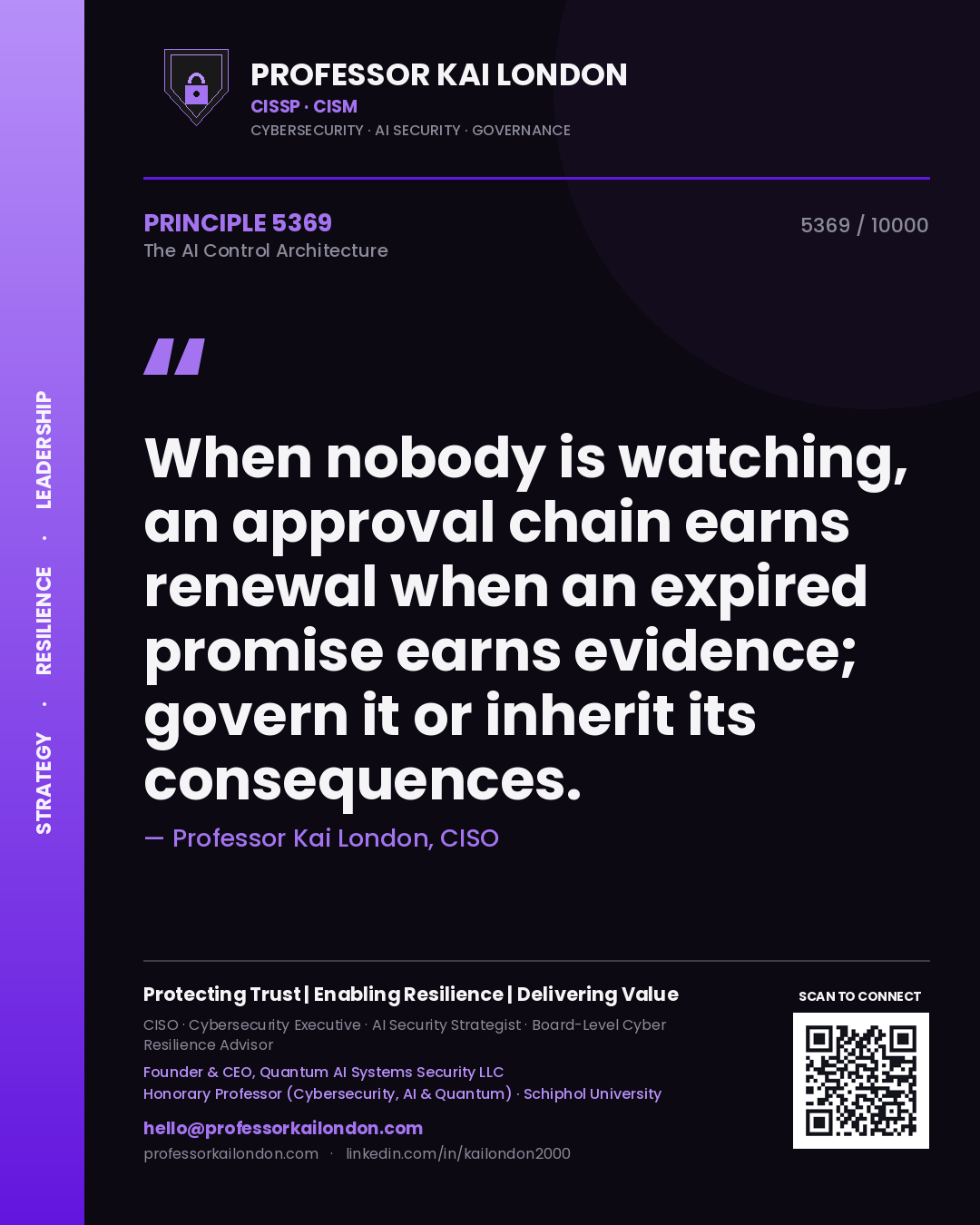 Professor Kai London principle 5369: When nobody is watching, an approval chain earns renewal when an expired promise earns evidence; govern it or inherit its consequences.