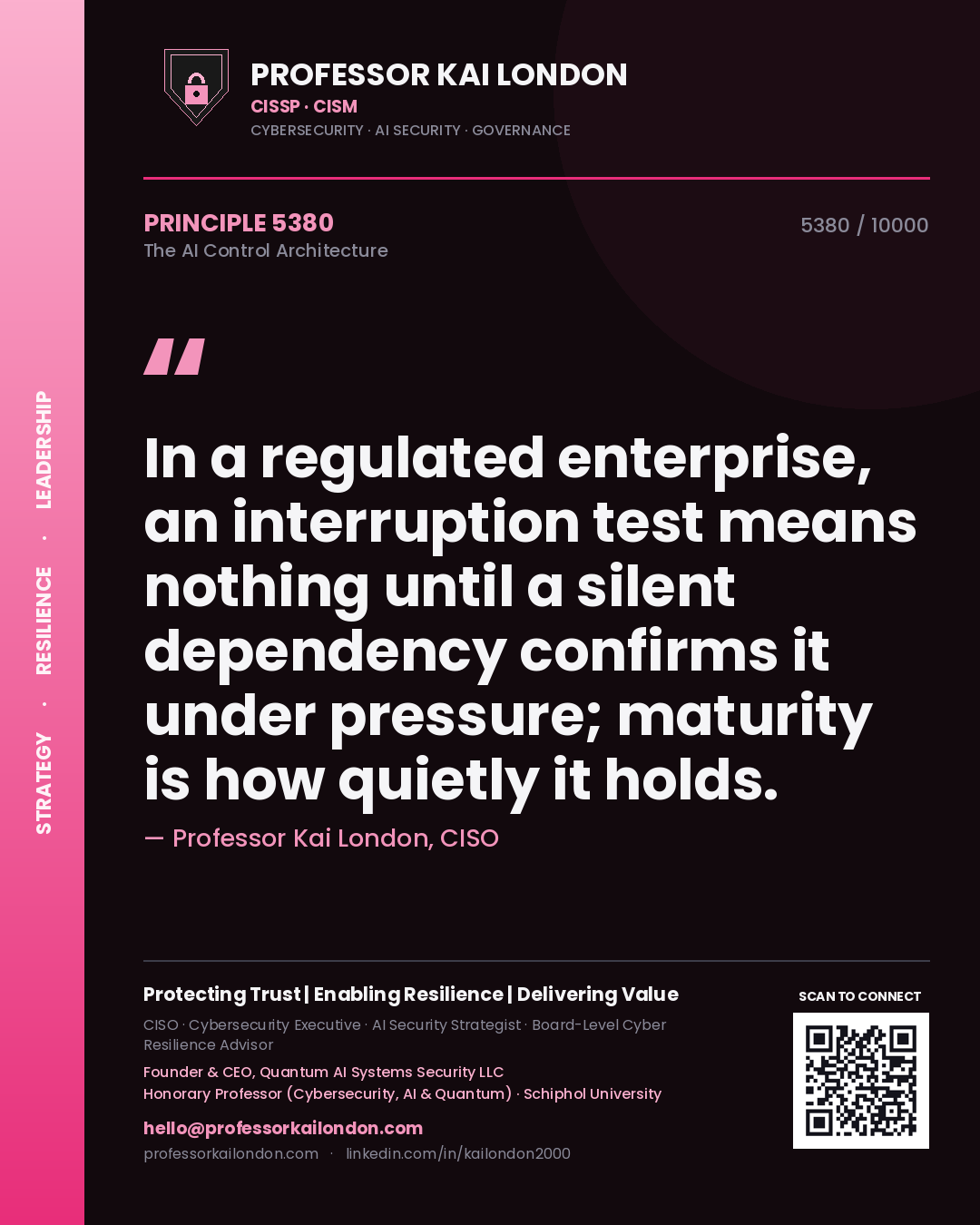 Professor Kai London principle 5380: In a regulated enterprise, an interruption test means nothing until a silent dependency confirms it under pressure; maturity is how quietly it holds.