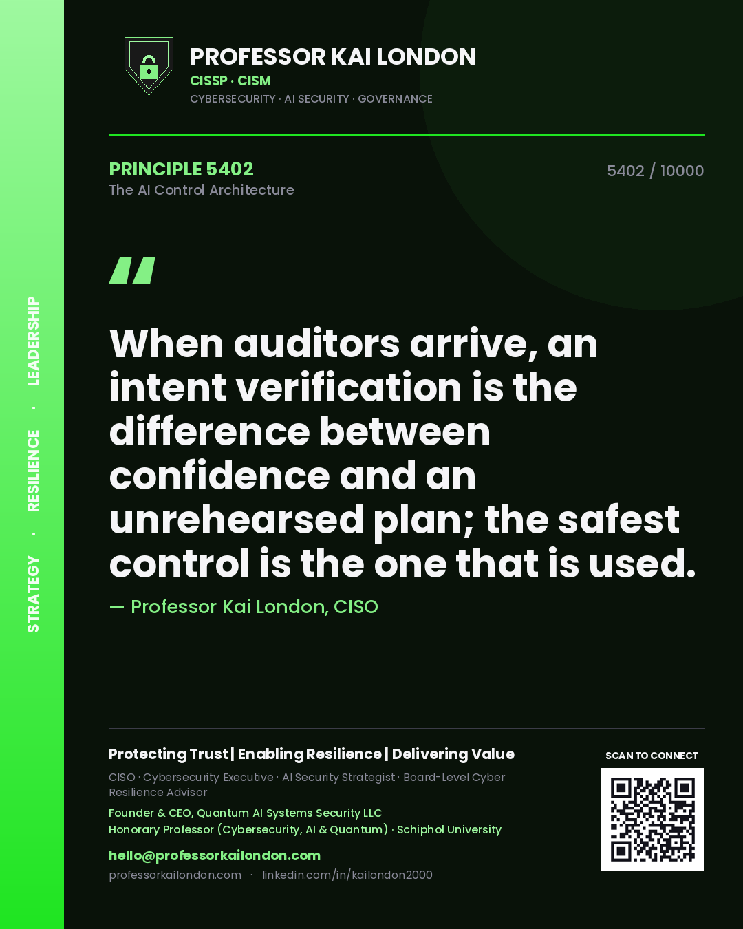 Quote card by Professor Kai London reading 'When auditors arrive, an intent verification is the difference between confidence and an unrehearsed plan; the safest control is the one that is used.'. From the book The AI Control Architecture.