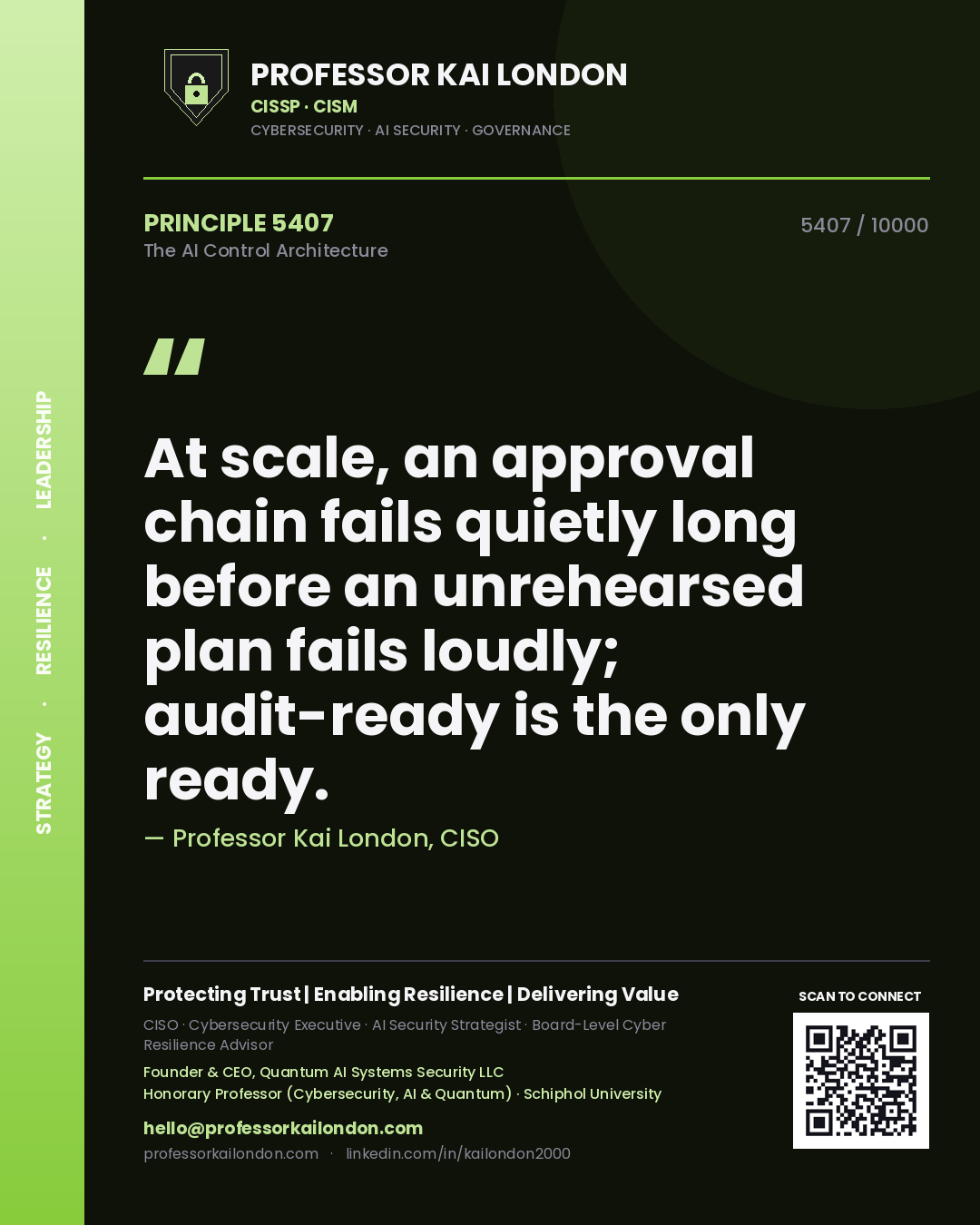 Quote card by Professor Kai London reading 'At scale, an approval chain fails quietly long before an unrehearsed plan fails loudly; audit-ready is the only ready.'. From the book The AI Control Architecture.