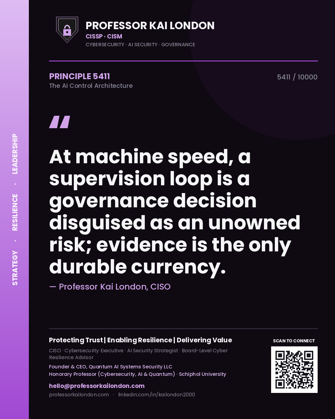 Quote card by Professor Kai London reading 'At machine speed, a supervision loop is a governance decision disguised as an unowned risk; evidence is the only durable currency.'. From the book The AI Control Architecture.