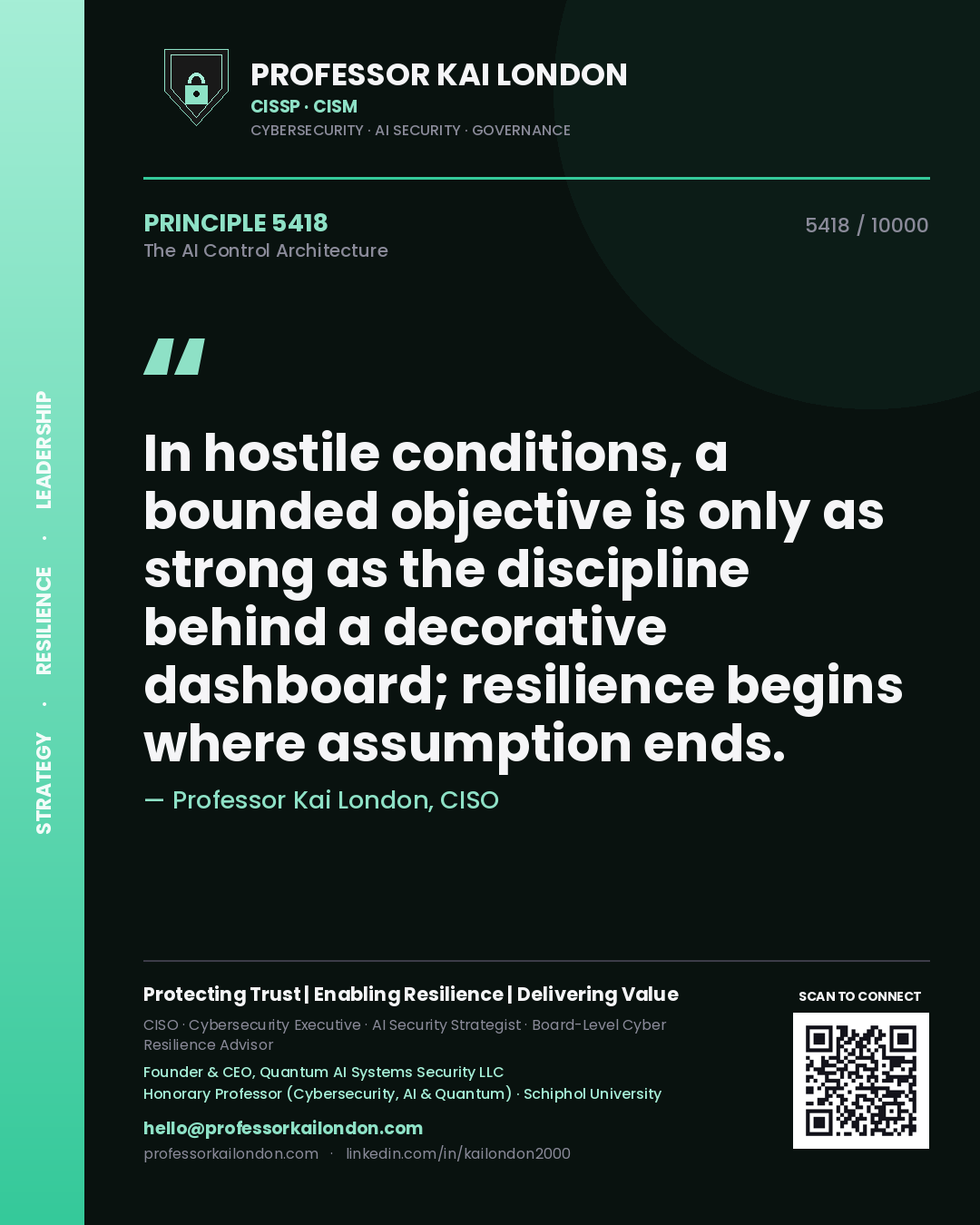 Quote card by Professor Kai London reading 'In hostile conditions, a bounded objective is only as strong as the discipline behind a decorative dashboard; resilience begins where assumption ends.'. From the book The AI Control Architecture.