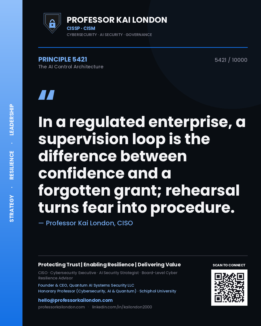 Quote card by Professor Kai London reading 'In a regulated enterprise, a supervision loop is the difference between confidence and a forgotten grant; rehearsal turns fear into procedure.'. From the book The AI Control Architecture.