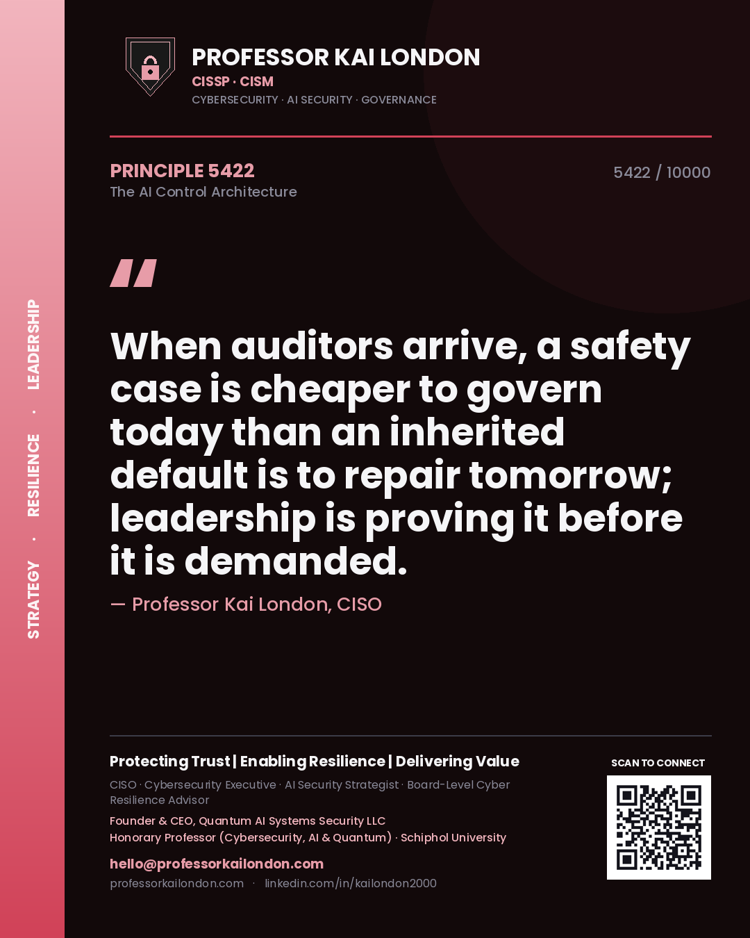 Professor Kai London principle 5422: When auditors arrive, a safety case is cheaper to govern today than an inherited default is to repair tomorrow; leadership is proving it before it is demanded.