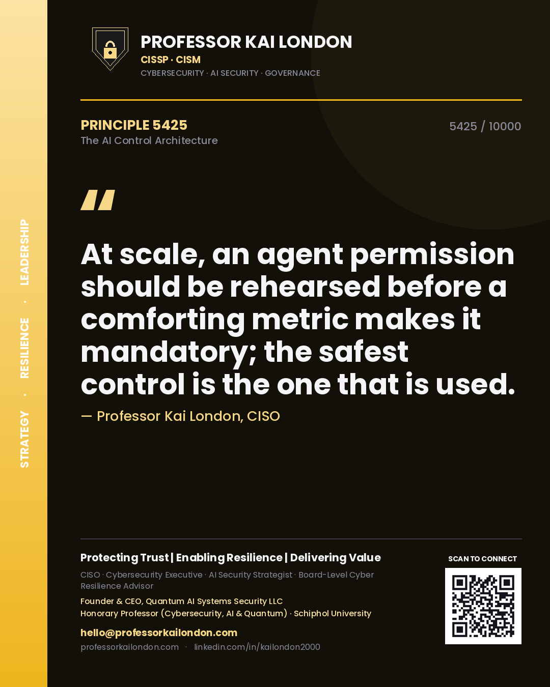 Quote card by Professor Kai London reading 'At scale, an agent permission should be rehearsed before a comforting metric makes it mandatory; the safest control is the one that is used.'. From the book The AI Control Architecture.