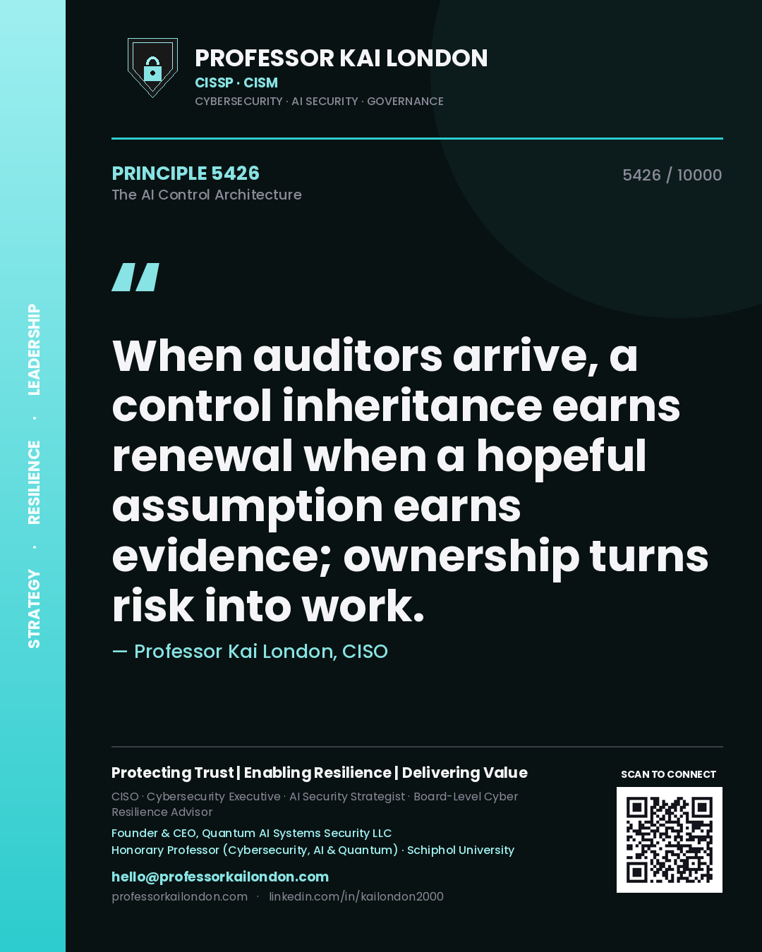 Quote card by Professor Kai London reading 'When auditors arrive, a control inheritance earns renewal when a hopeful assumption earns evidence; ownership turns risk into work.'. From the book The AI Control Architecture.