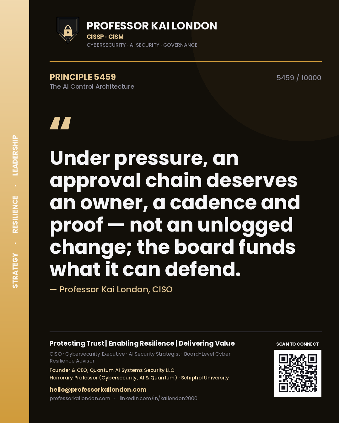 Quote card by Professor Kai London reading 'Under pressure, an approval chain deserves an owner, a cadence and proof — not an unlogged change; the board funds what it can defend.'. From the book The AI Control Architecture.