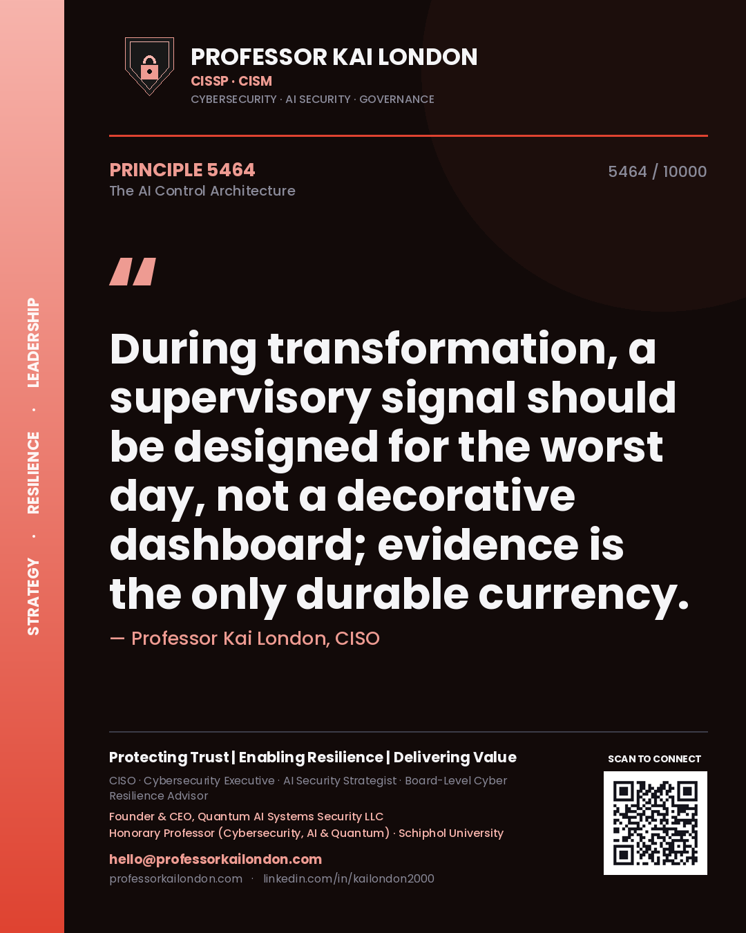 Quote card by Professor Kai London reading 'During transformation, a supervisory signal should be designed for the worst day, not a decorative dashboard; evidence is the only durable currency.'. From the book The AI Control Architecture.