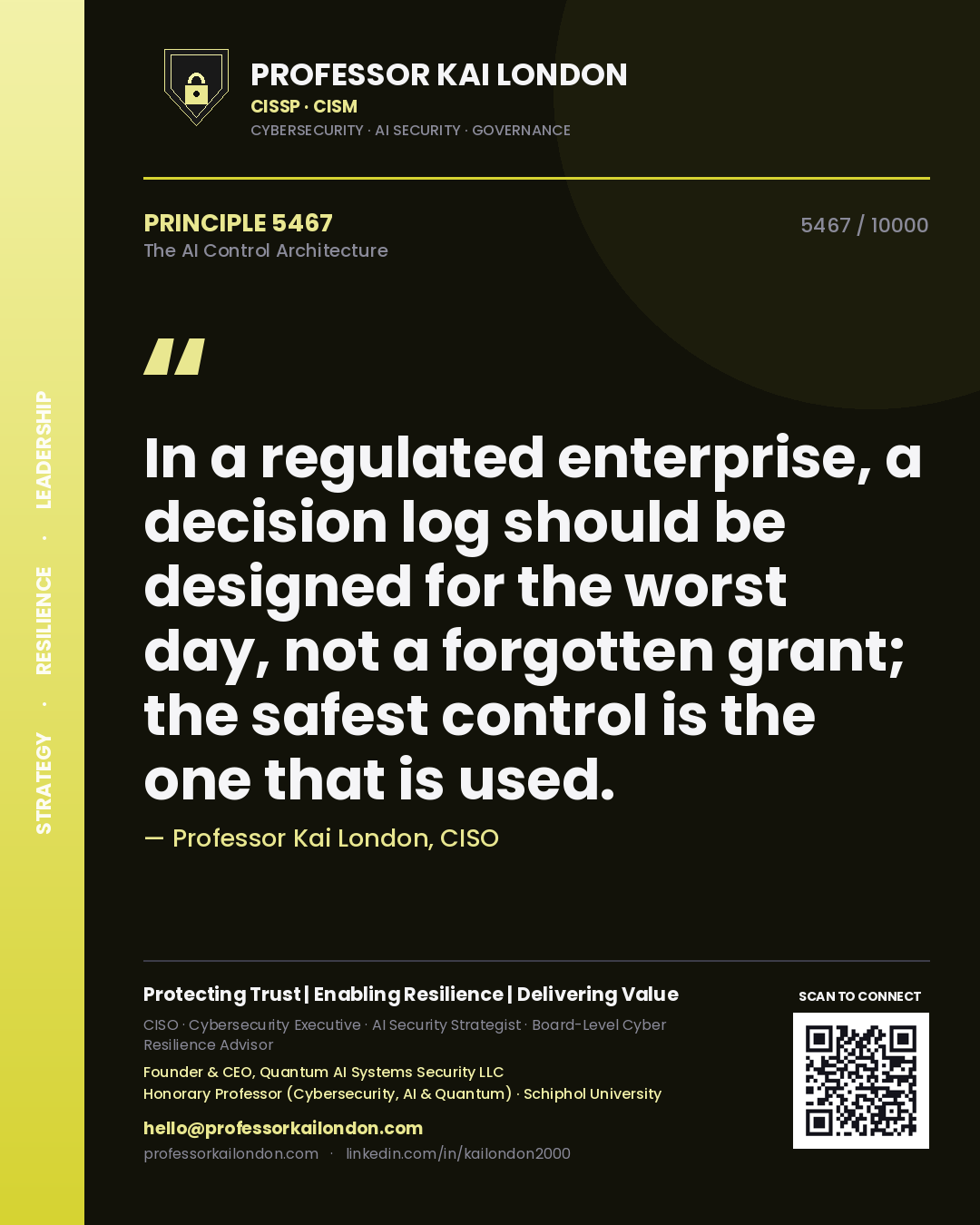 Professor Kai London principle 5467: In a regulated enterprise, a decision log should be designed for the worst day, not a forgotten grant; the safest control is the one that is used.