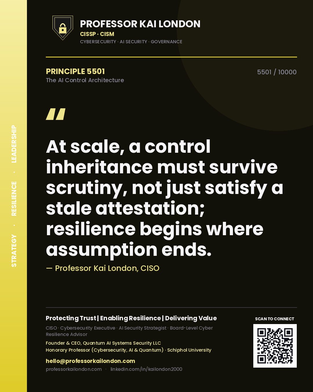 Quote card by Professor Kai London reading 'At scale, a control inheritance must survive scrutiny, not just satisfy a stale attestation; resilience begins where assumption ends.'. From the book The AI Control Architecture.