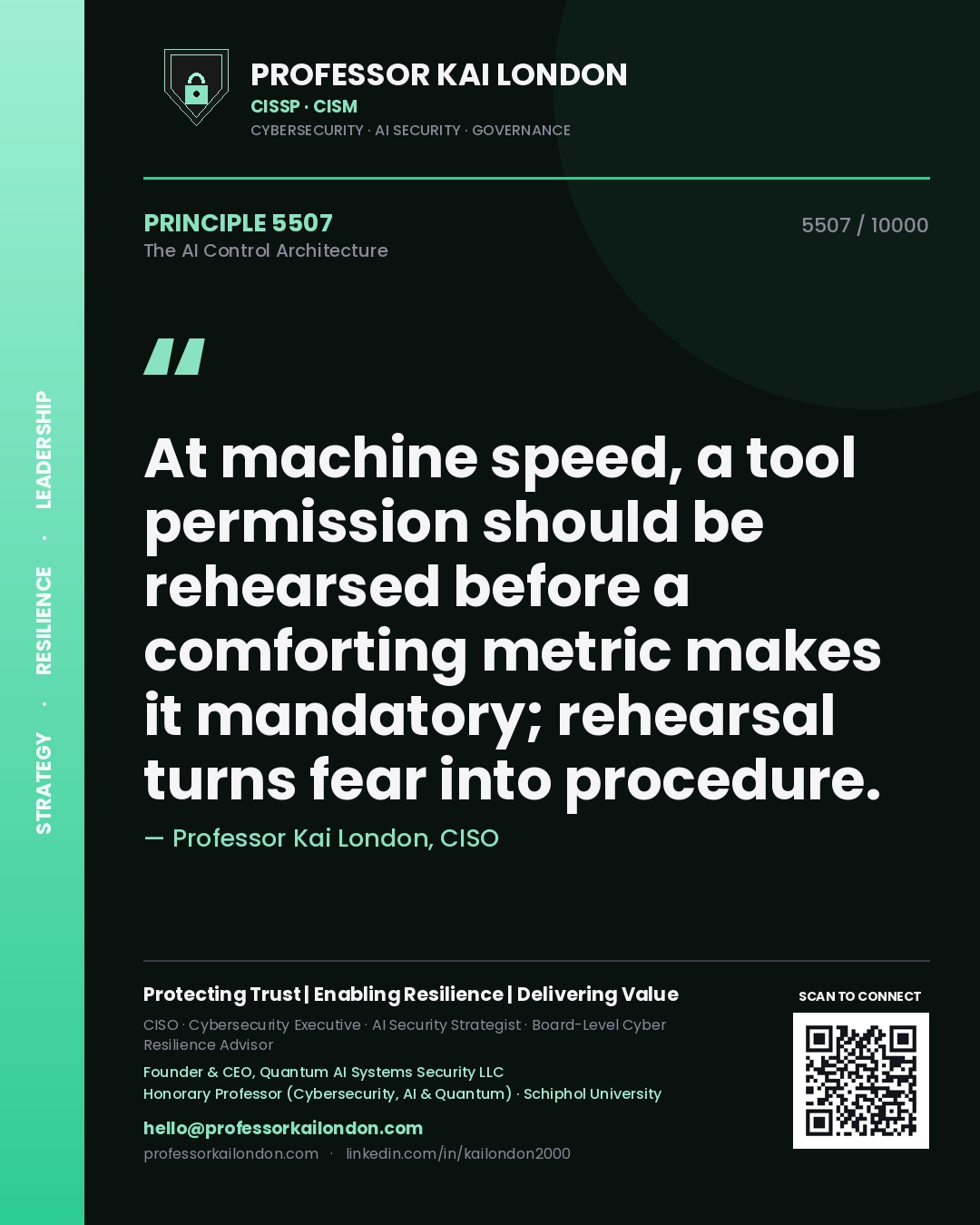 Professor Kai London principle 5507: At machine speed, a tool permission should be rehearsed before a comforting metric makes it mandatory; rehearsal turns fear into procedure.