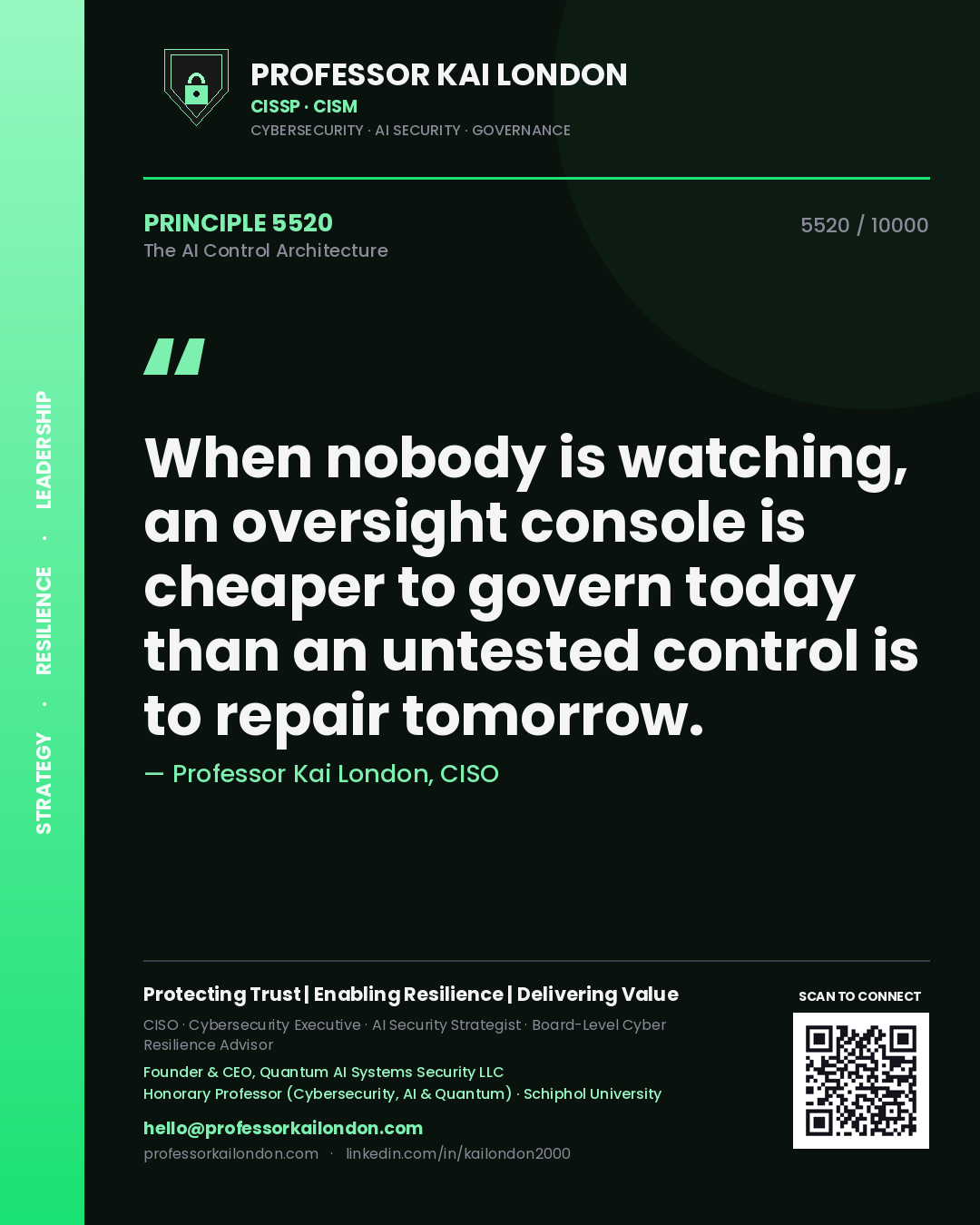 Quote card by Professor Kai London reading 'When nobody is watching, an oversight console is cheaper to govern today than an untested control is to repair tomorrow.'. From the book The AI Control Architecture.