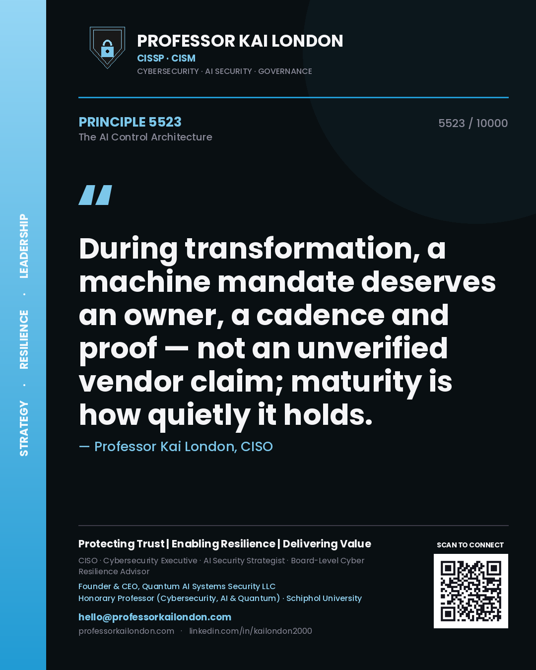 Professor Kai London principle 5523: During transformation, a machine mandate deserves an owner, a cadence and proof — not an unverified vendor claim; maturity is how quietly it holds.
