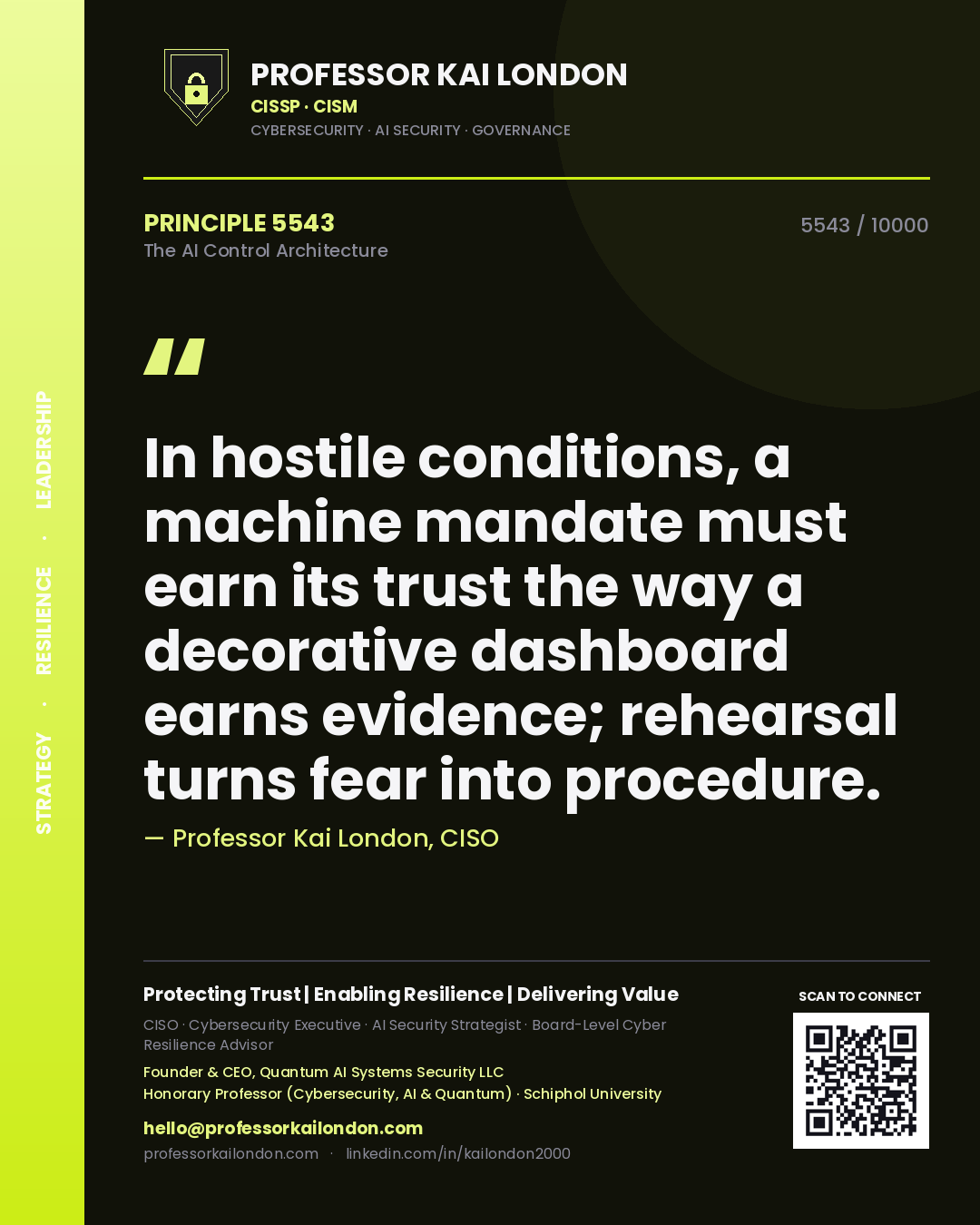 Professor Kai London principle 5543: In hostile conditions, a machine mandate must earn its trust the way a decorative dashboard earns evidence; rehearsal turns fear into procedure.