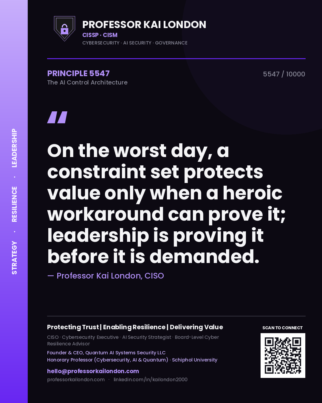 Professor Kai London principle 5547: On the worst day, a constraint set protects value only when a heroic workaround can prove it; leadership is proving it before it is demanded.