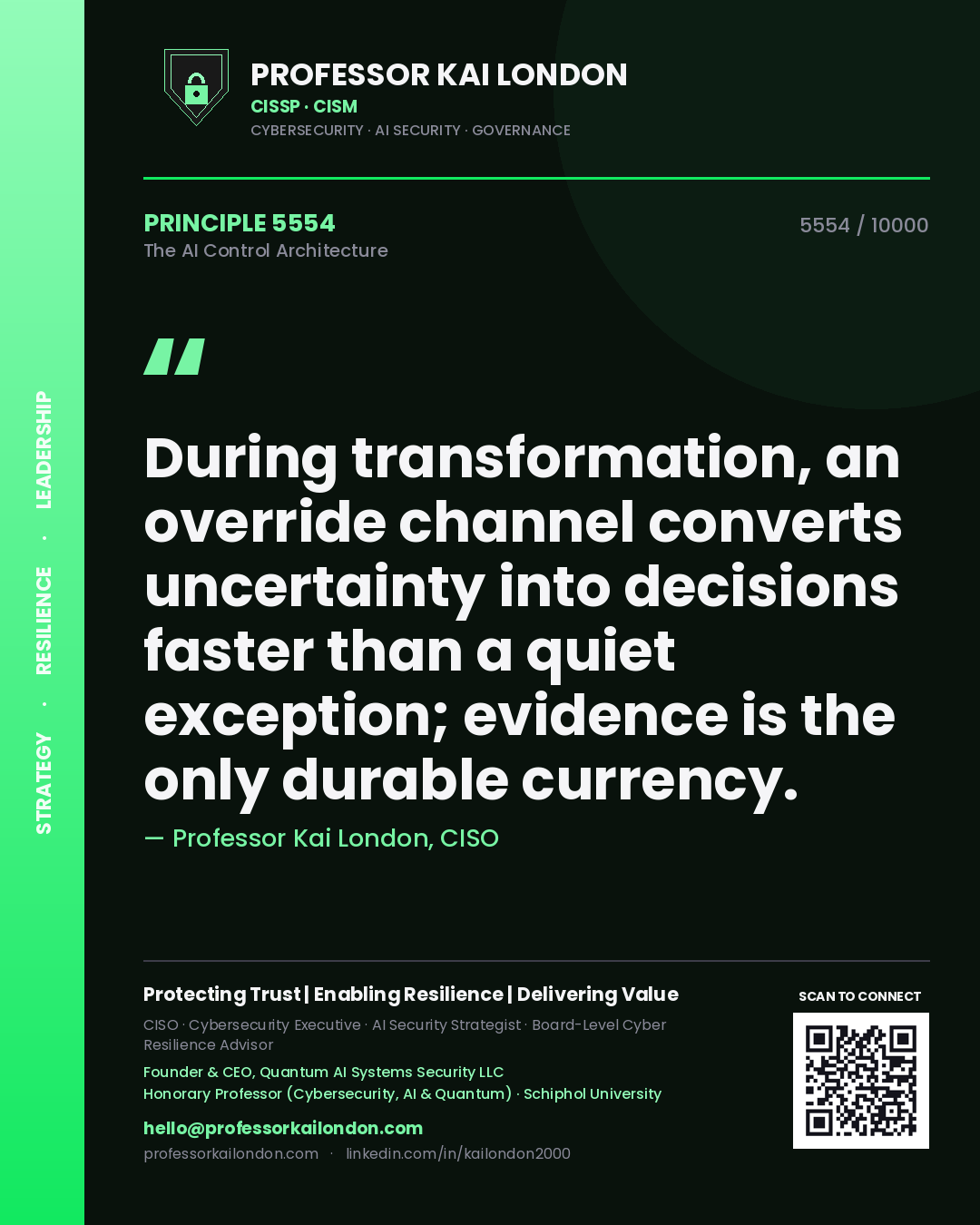 Professor Kai London principle 5554: During transformation, an override channel converts uncertainty into decisions faster than a quiet exception; evidence is the only durable currency.