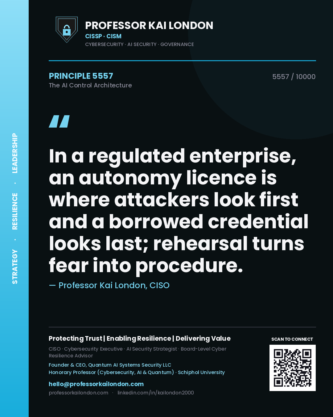 Quote card by Professor Kai London reading 'In a regulated enterprise, an autonomy licence is where attackers look first and a borrowed credential looks last; rehearsal turns fear into procedure.'. From the book The AI Control Architecture.