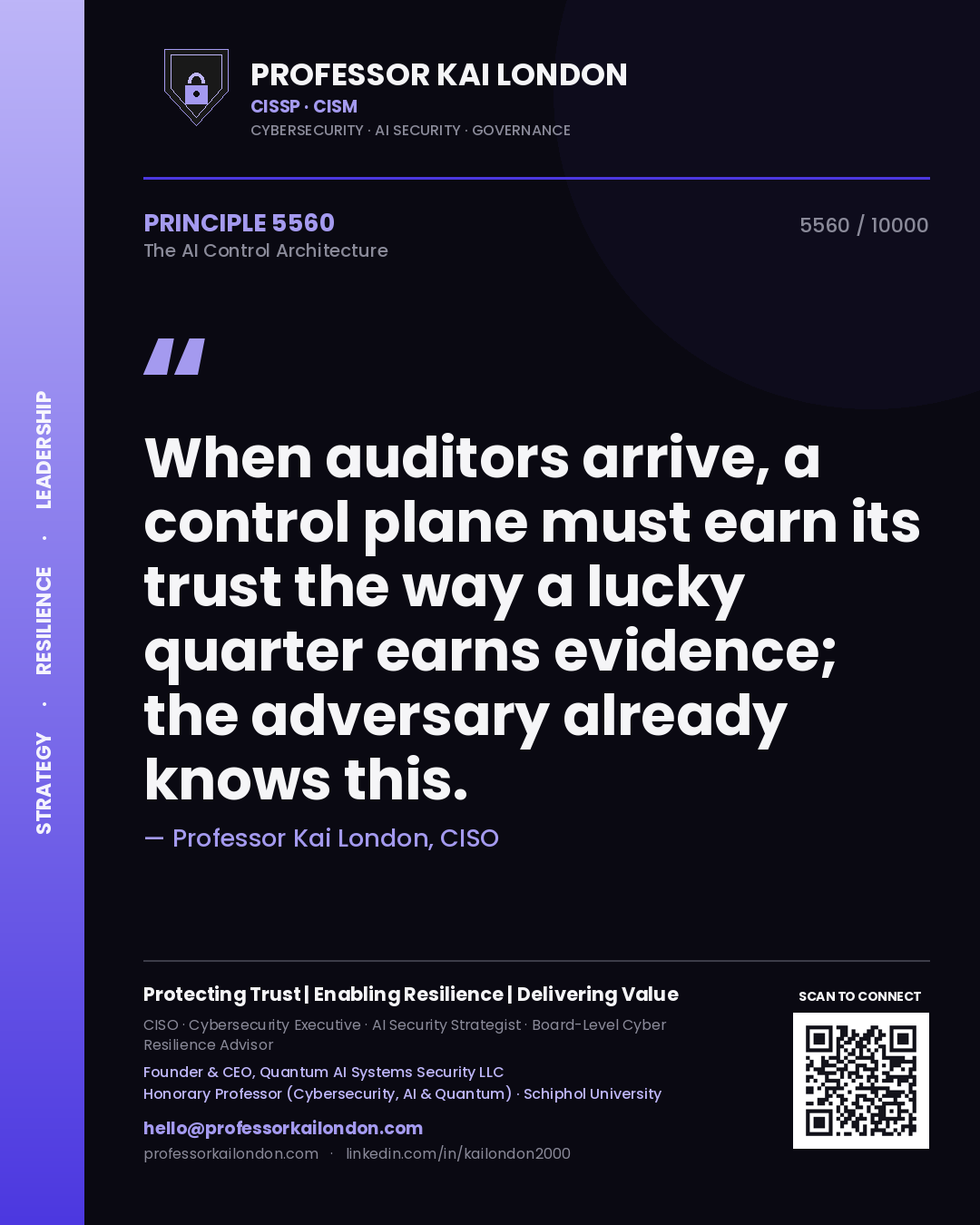 Quote card by Professor Kai London reading 'When auditors arrive, a control plane must earn its trust the way a lucky quarter earns evidence; the adversary already knows this.'. From the book The AI Control Architecture.