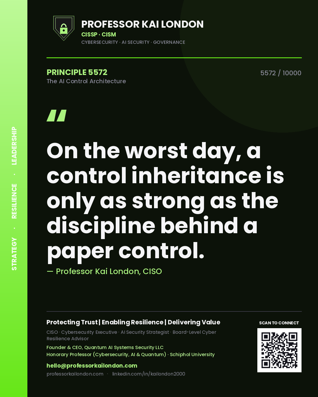 Quote card by Professor Kai London reading 'On the worst day, a control inheritance is only as strong as the discipline behind a paper control.'. From the book The AI Control Architecture.