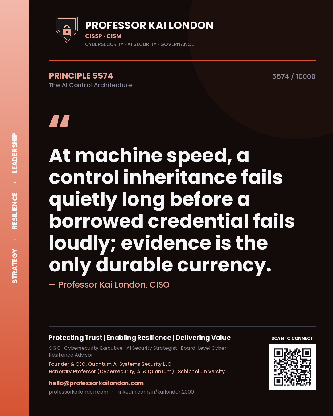 Professor Kai London principle 5574: At machine speed, a control inheritance fails quietly long before a borrowed credential fails loudly; evidence is the only durable currency.